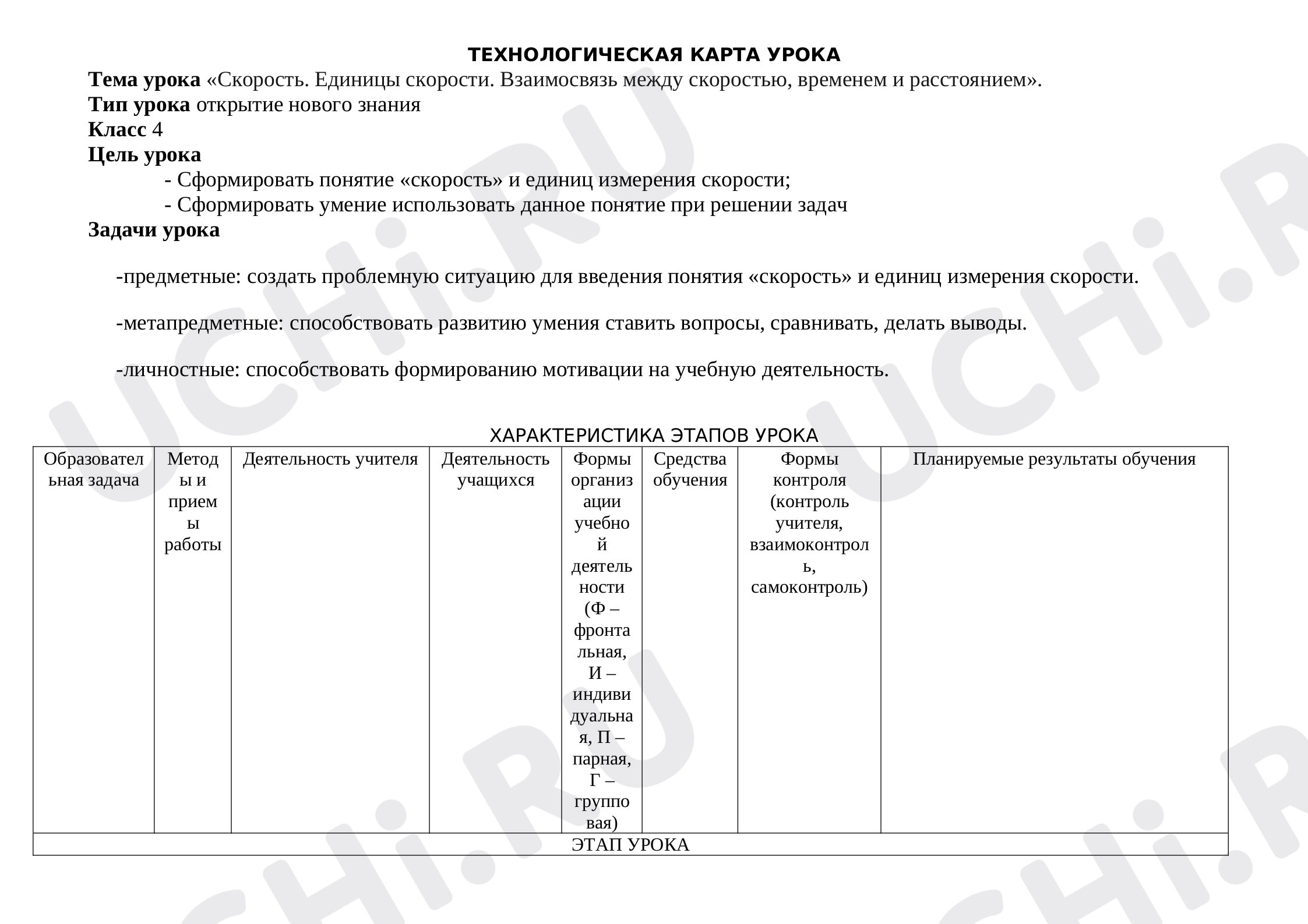 Предпросмотр материала Конспект урока математики по теме: «Скорость. Единицы скорости. Взаимосвязь между скоростью, временем и расстоянием». Тип урока открытие нового знания