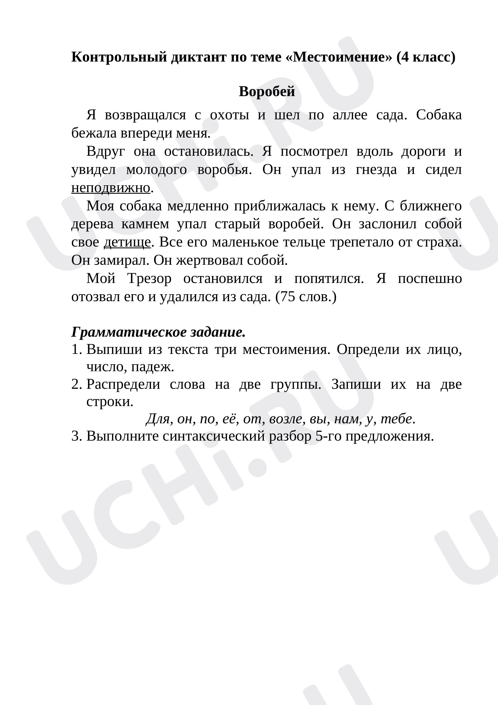 Предпросмотр материала Русский язык. Контрольный диктант по теме "Местоимение".