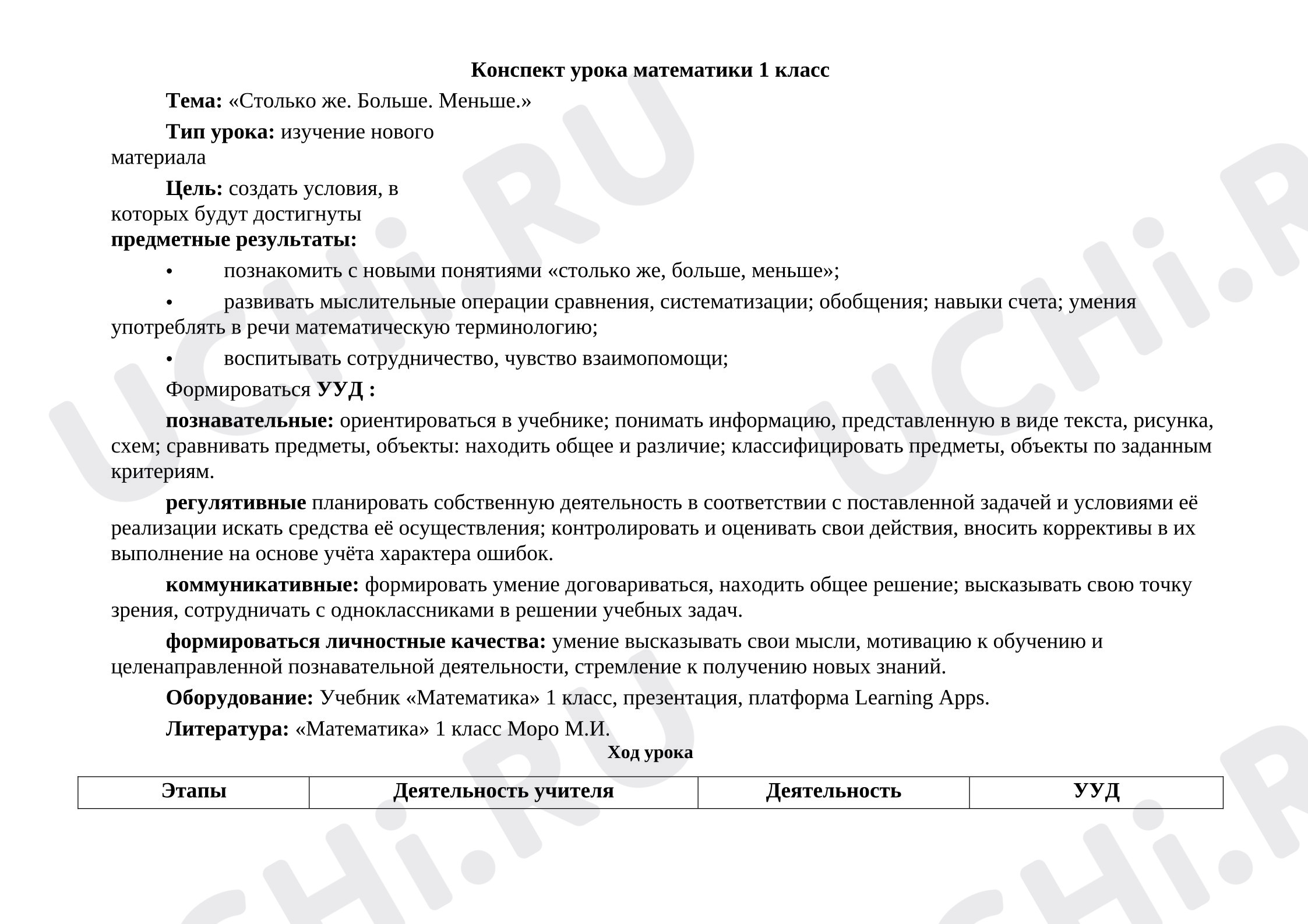 Предпросмотр материала Конспект урока математики «Столько же. Больше. Меньше.»