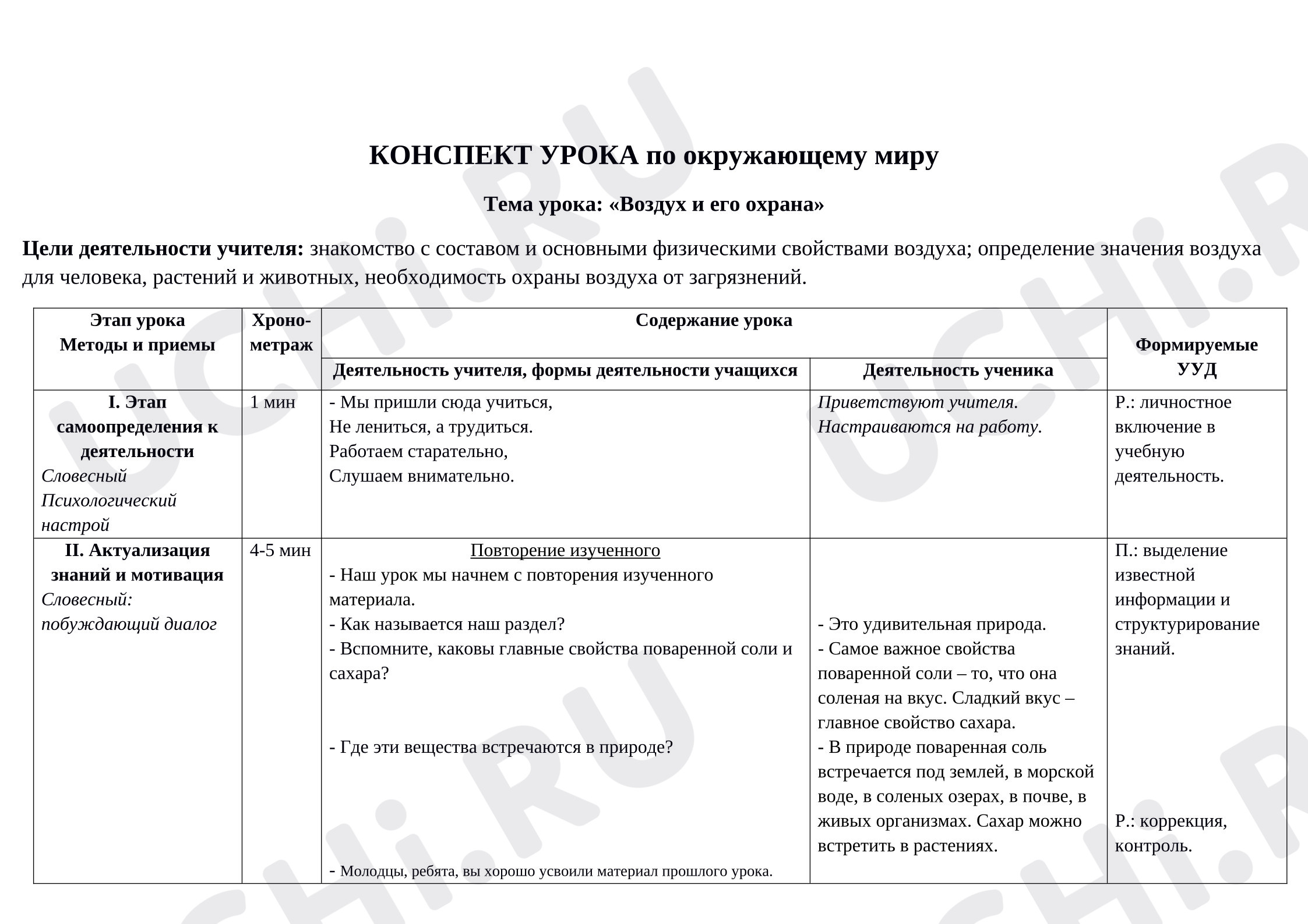 Предпросмотр материала План урока окружающего мира. Воздух и его охрана