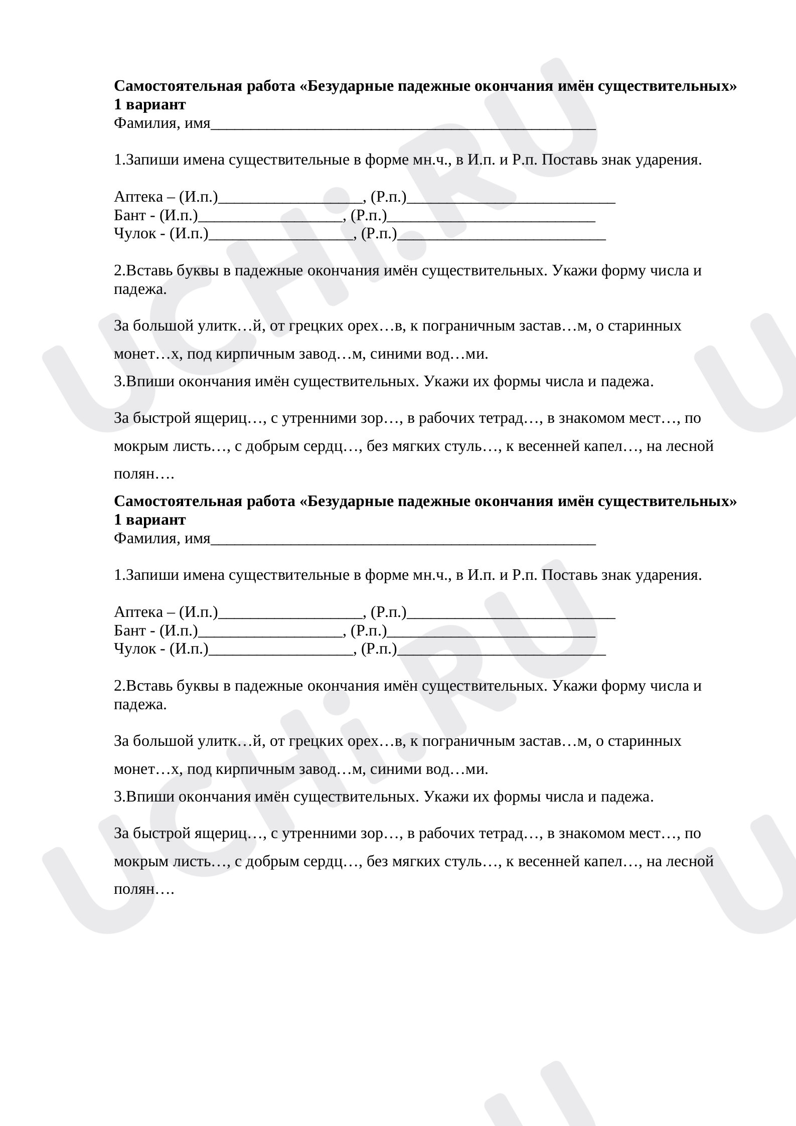 Предпросмотр материала Самостоятельная работа "Безударные падежные окончания имен существительных"