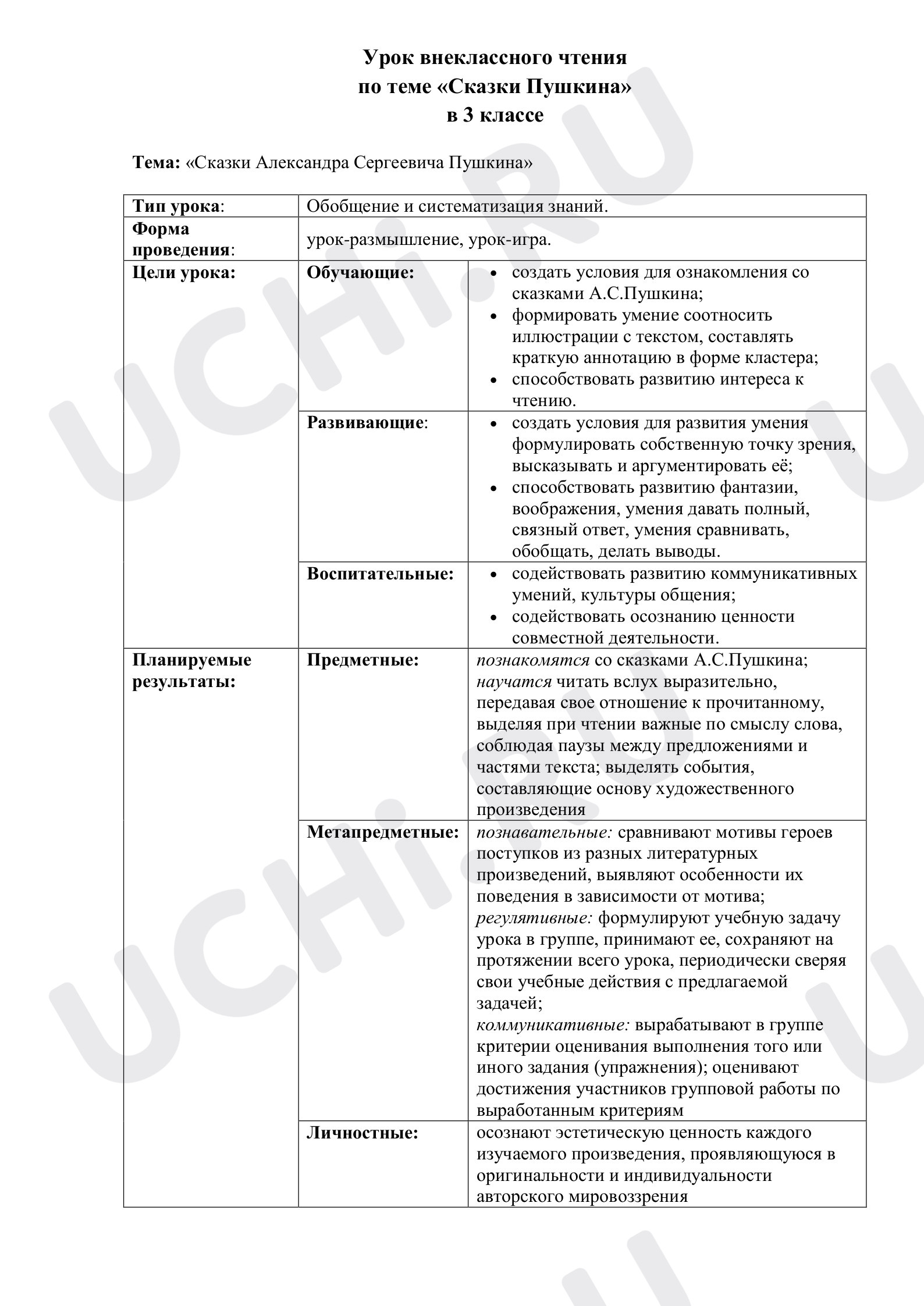 Предпросмотр материала Урок внеклассного чтения в 3 классе по творчеству А.С. Пушкина.