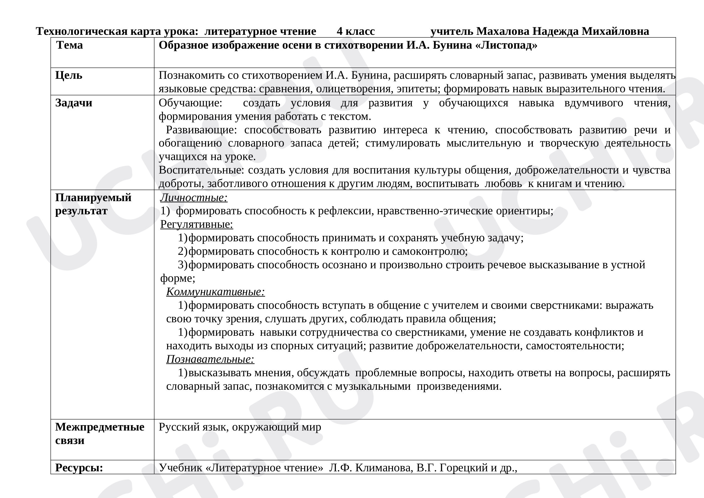 Предпросмотр материала Технологическая карта урока по литературному чтению по теме: Образное изображение осени в стихотворении И.А. Бунина «Листопад»