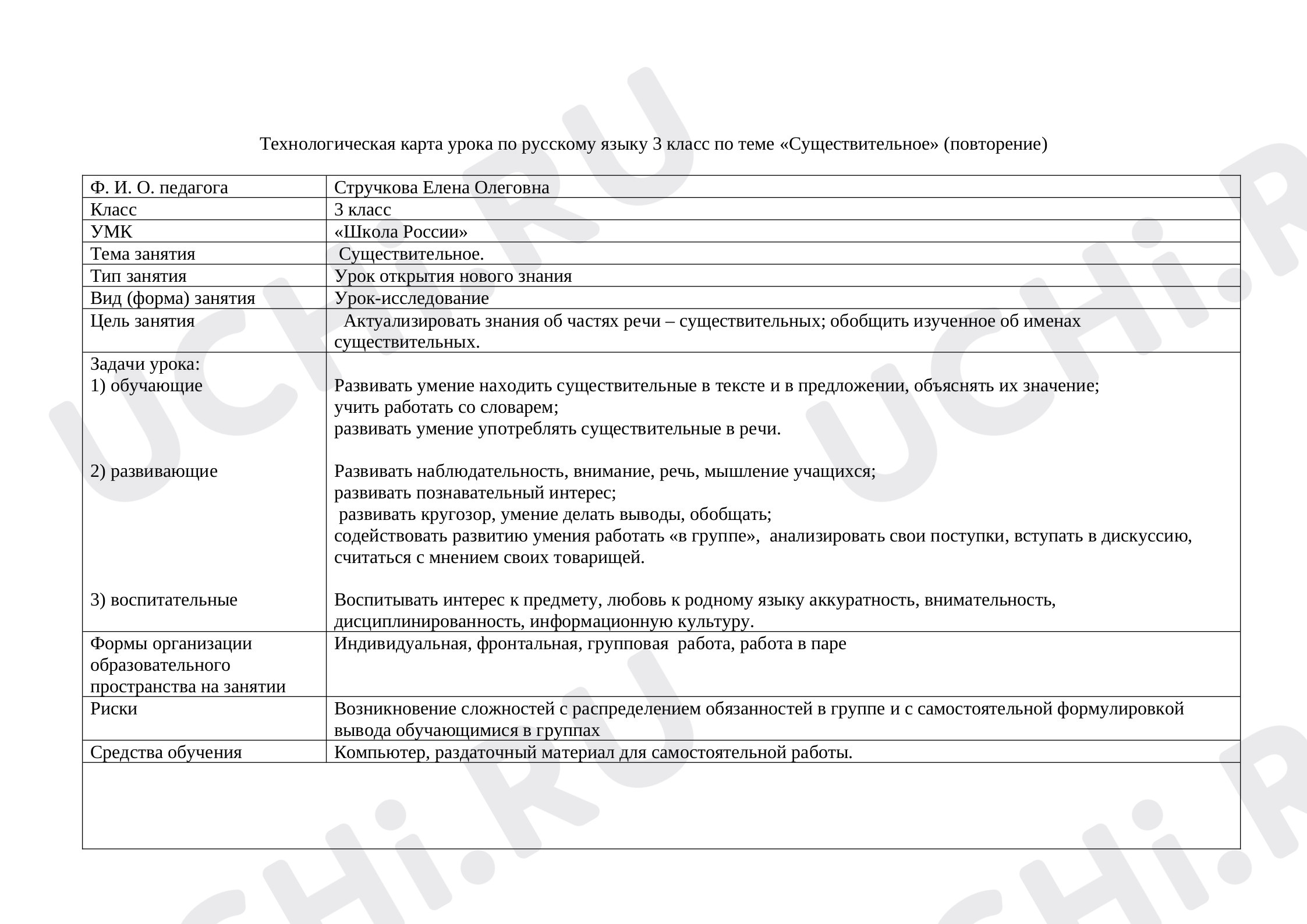 Предпросмотр материала Технологическая карта по русскому языку 3 класс по теме "Существительное" (повторение)