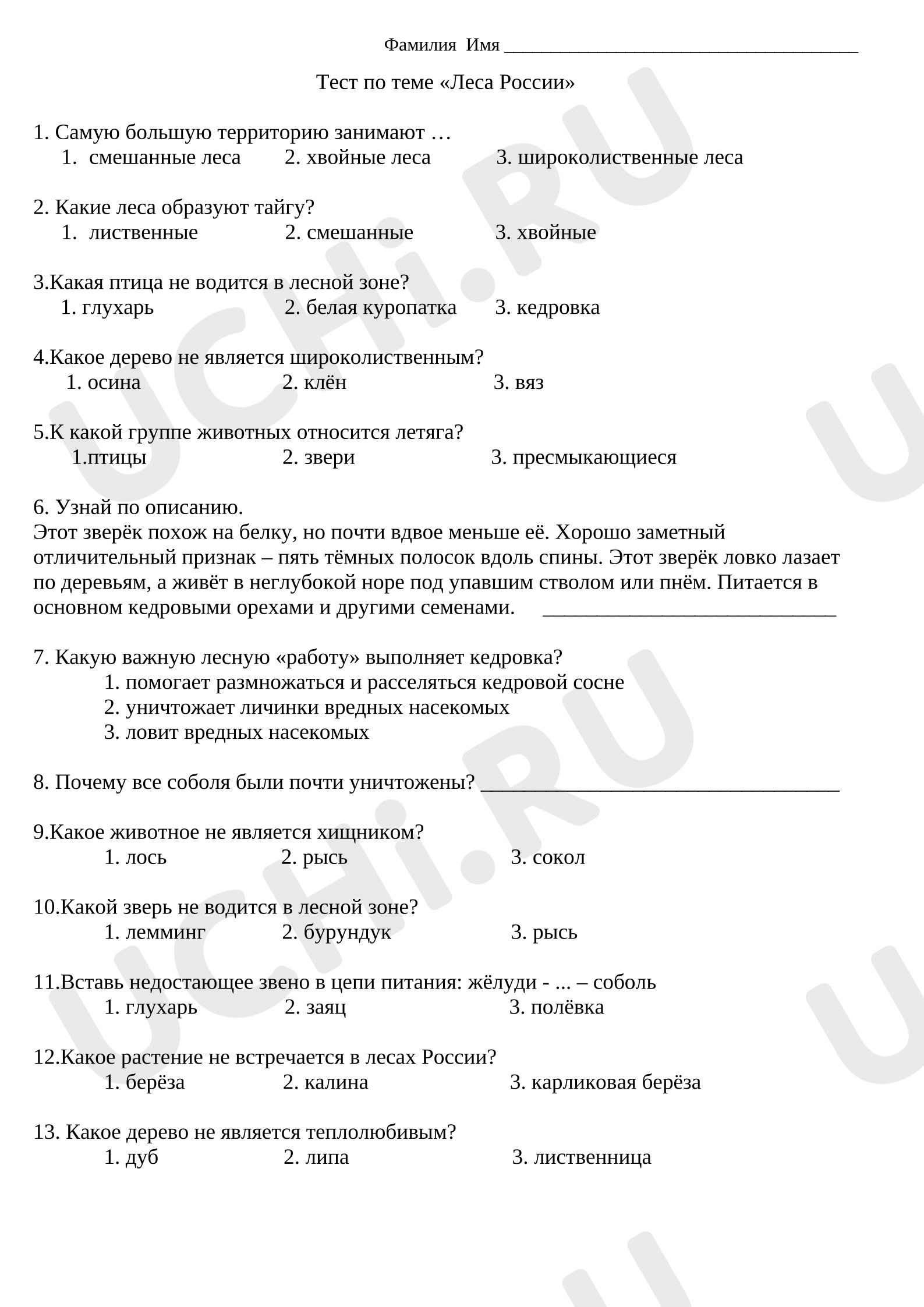 Предпросмотр материала Проверочная работа к уроку окружающего мира. Тест по теме «Леса России».