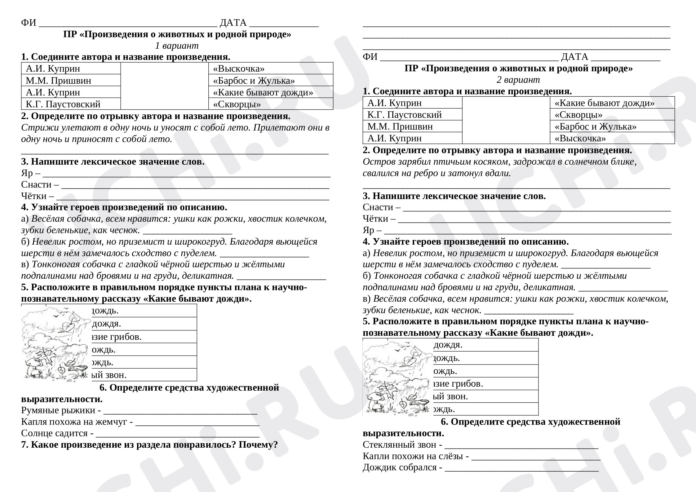 Предпросмотр материала Проверочная работа к уроку литературного чтения по разделу «Произведения о животных и родной природе»