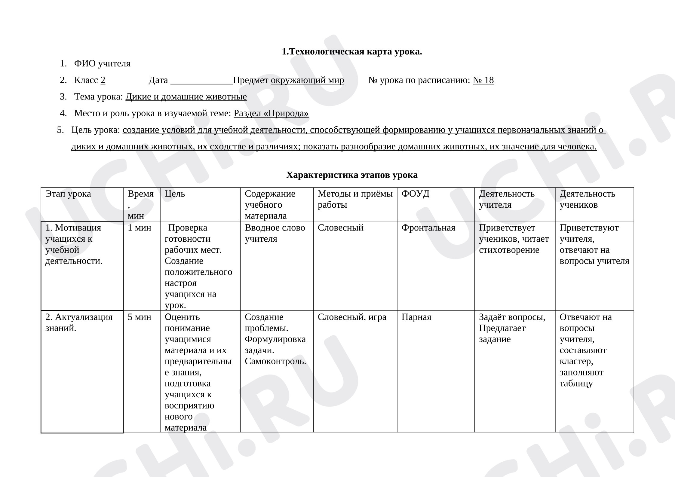 Предпросмотр материала План урока окружающего мира по теме: Дикие и домашние животные