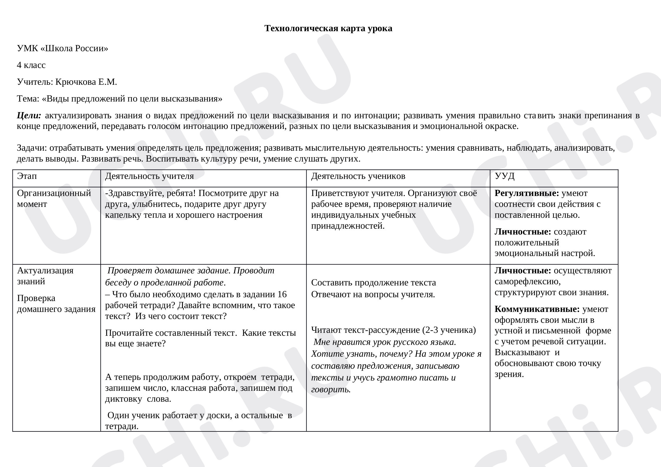 Предпросмотр материала План урока русского языка по теме: "Виды предложений по цели высказывания"