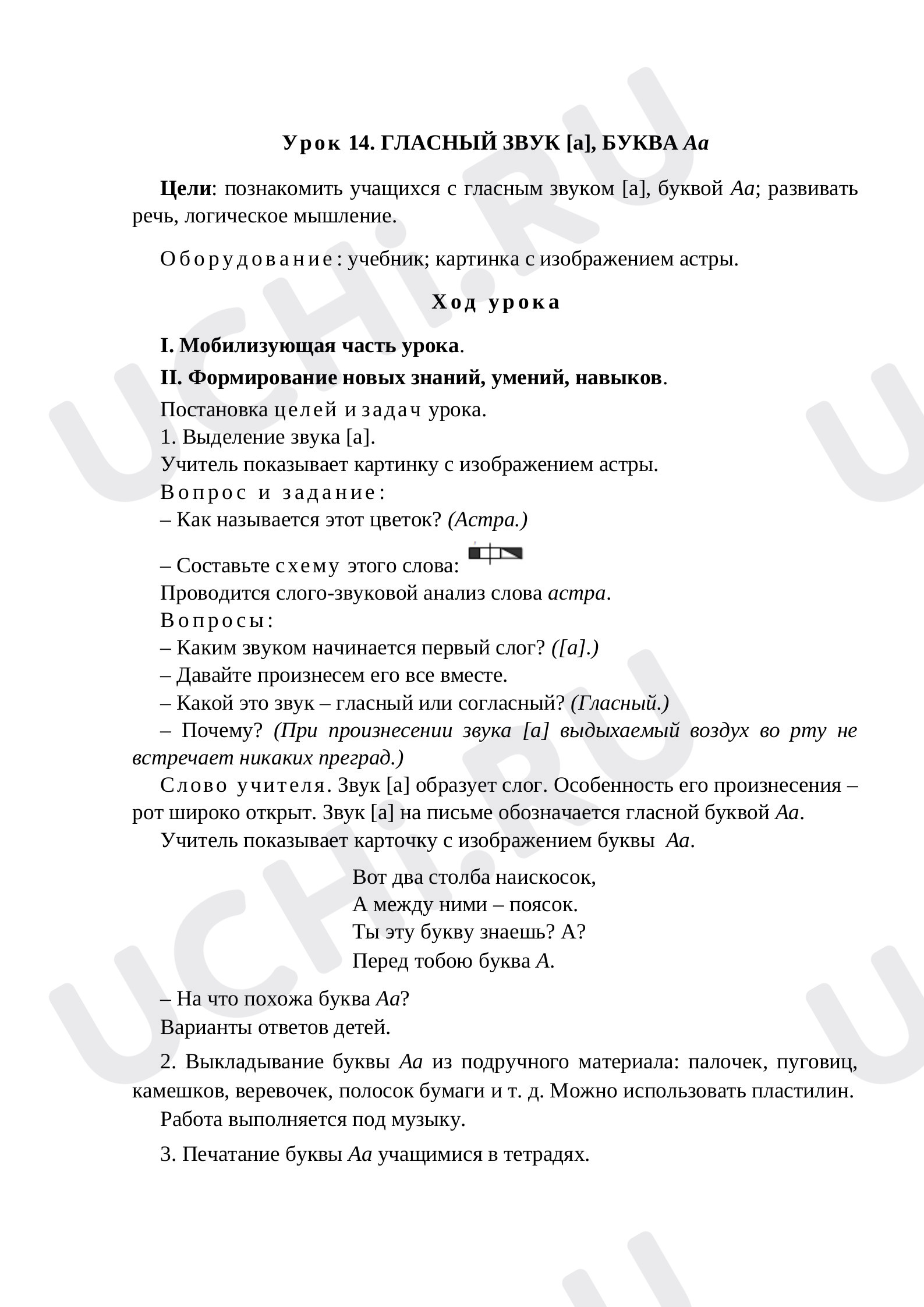 Предпросмотр материала План урока по русскому языку. ГЛАСНЫЙ ЗВУК [a], БУКВА А а.