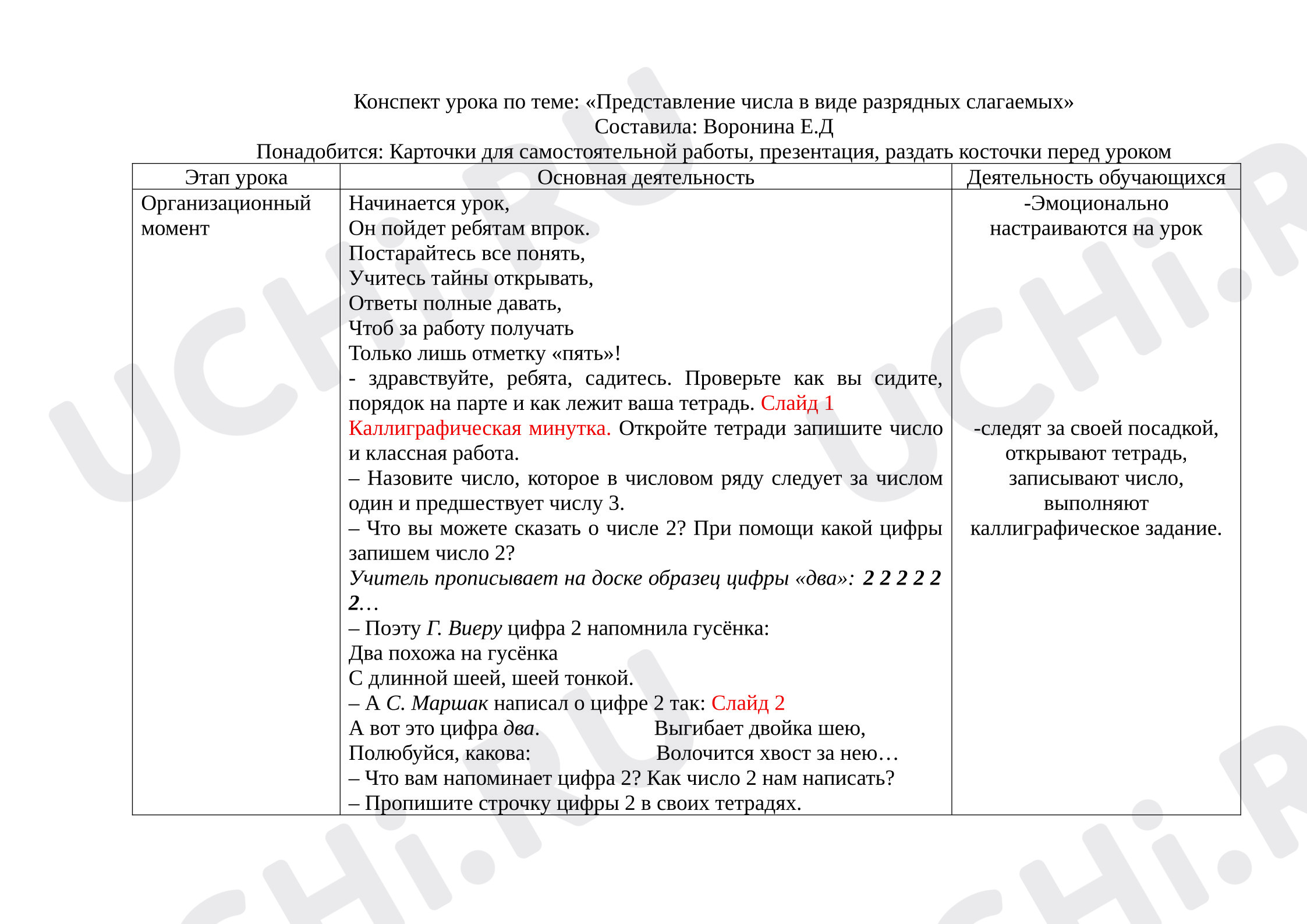 Предпросмотр материала Конспект урока математики. Представление чисел в виде суммы разрядных слагаемых.