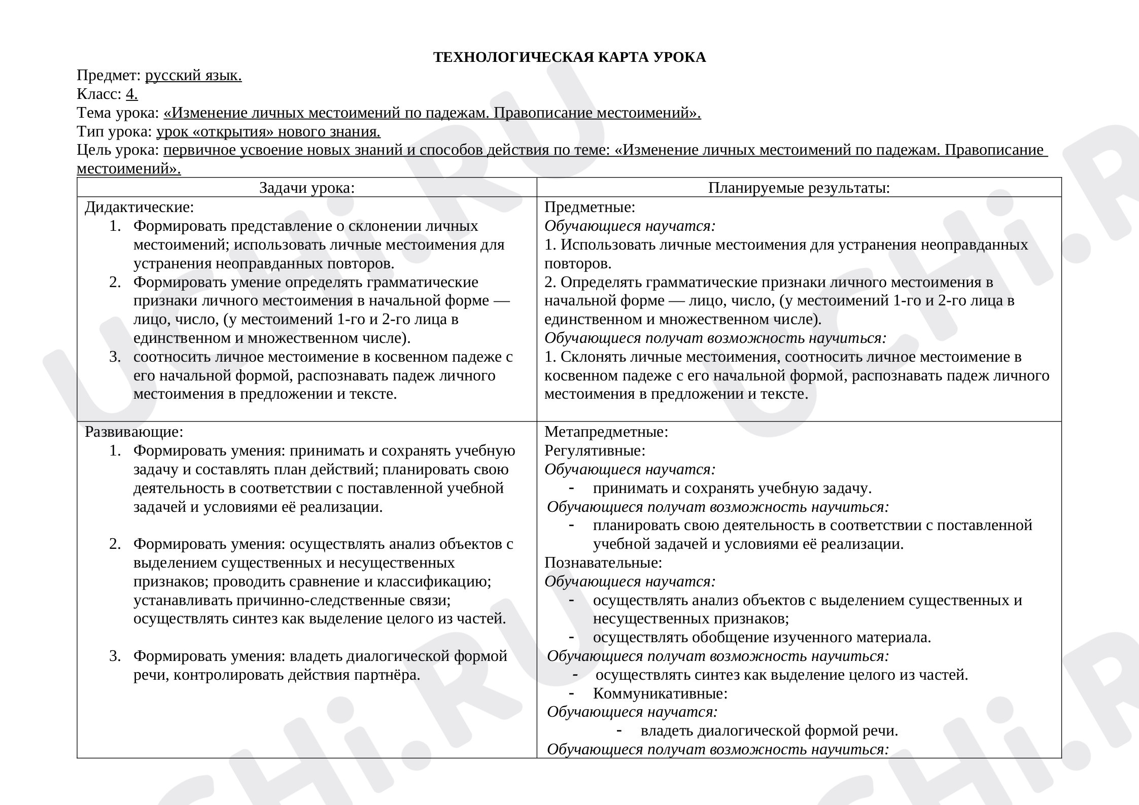 Предпросмотр материала Технологическая карта урока по русскому языку на тему «Изменение личных местоимений по падежам. Правописание местоимений».