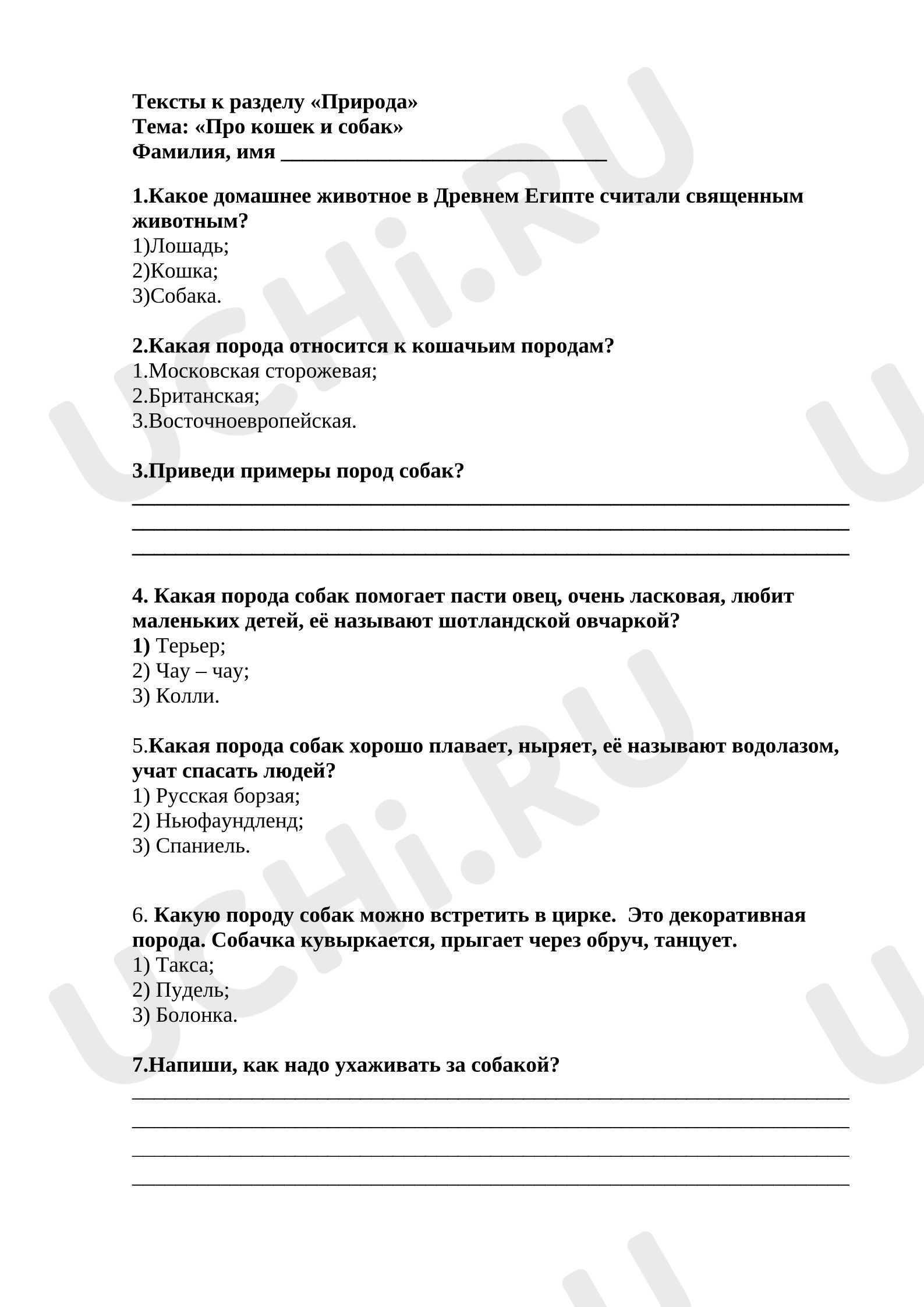 Предпросмотр материала Проверочная работа. Тест к уроку окружающего мира к разделу «Природа»  Тема:  « Про кошек и собак»
