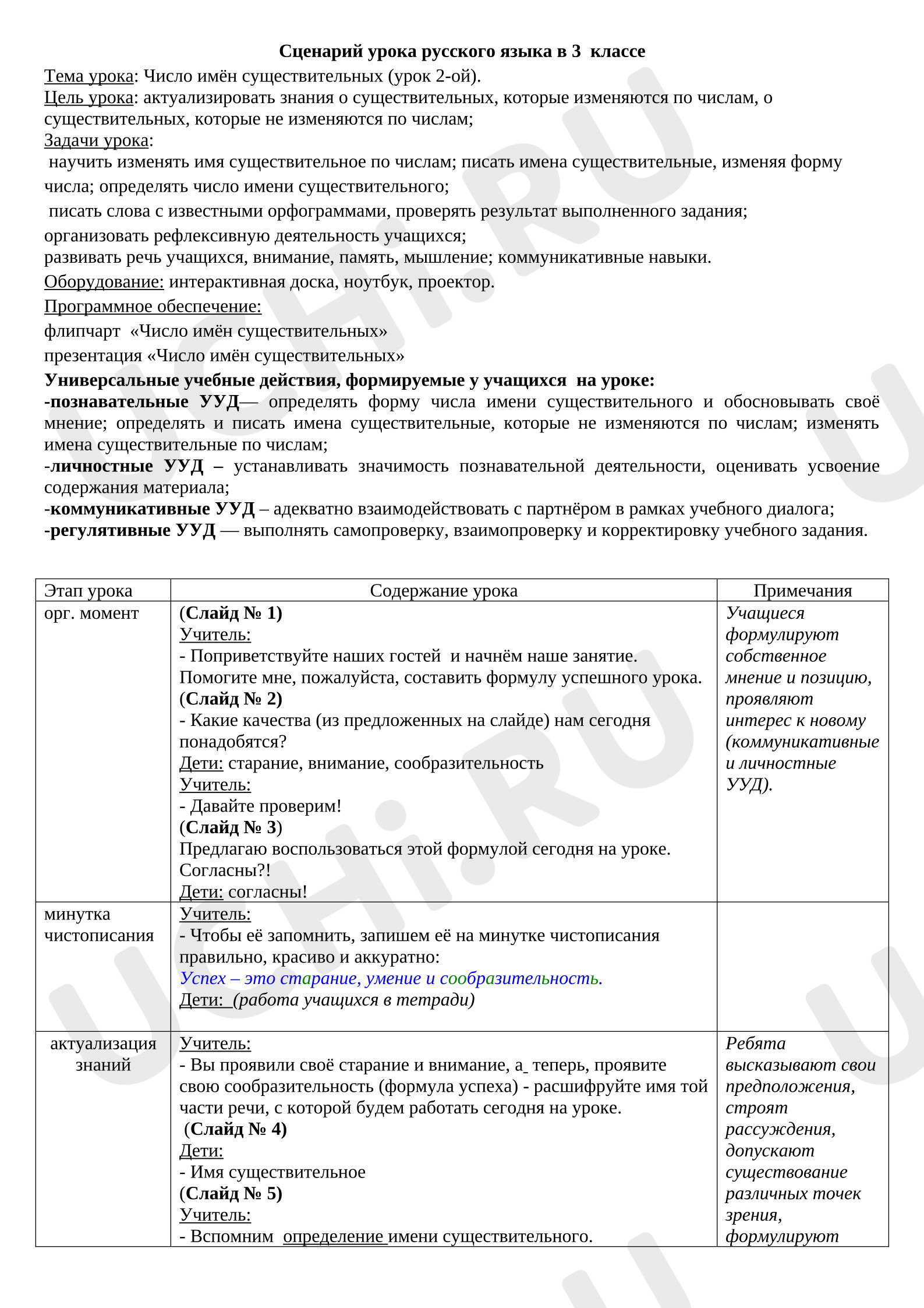 Предпросмотр материала План урока русского языка «Число имён существительных (урок 2-ой).»