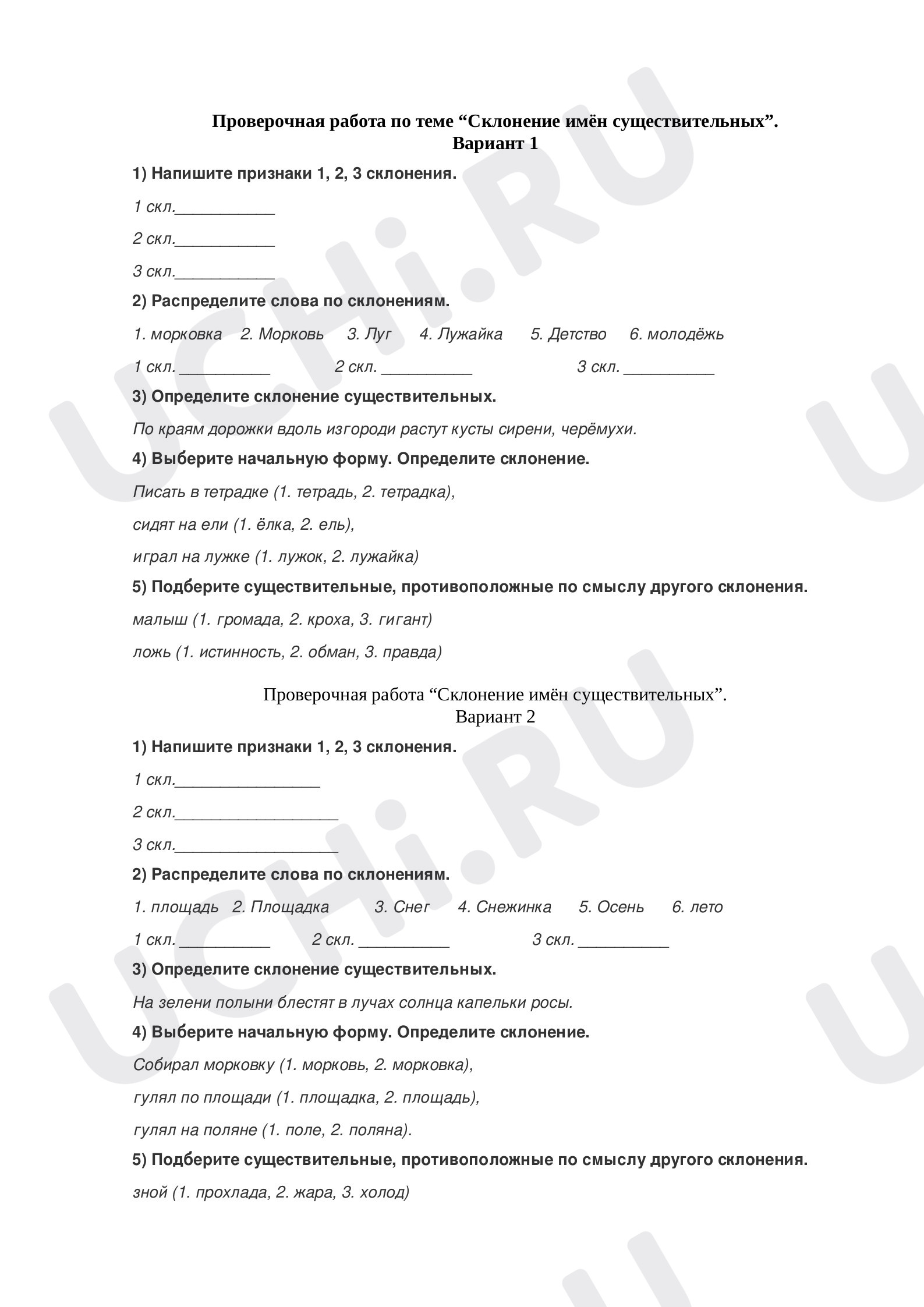 Предпросмотр материала Проверочная работа по русскому по теме: "Склонение имён существительных"