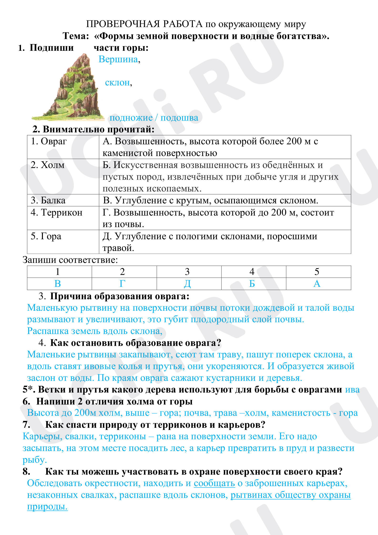 Предпросмотр материала Ответы на одноименную проверочную работу к уроку окружающего мира. Поверхность нашего края и водные богатства