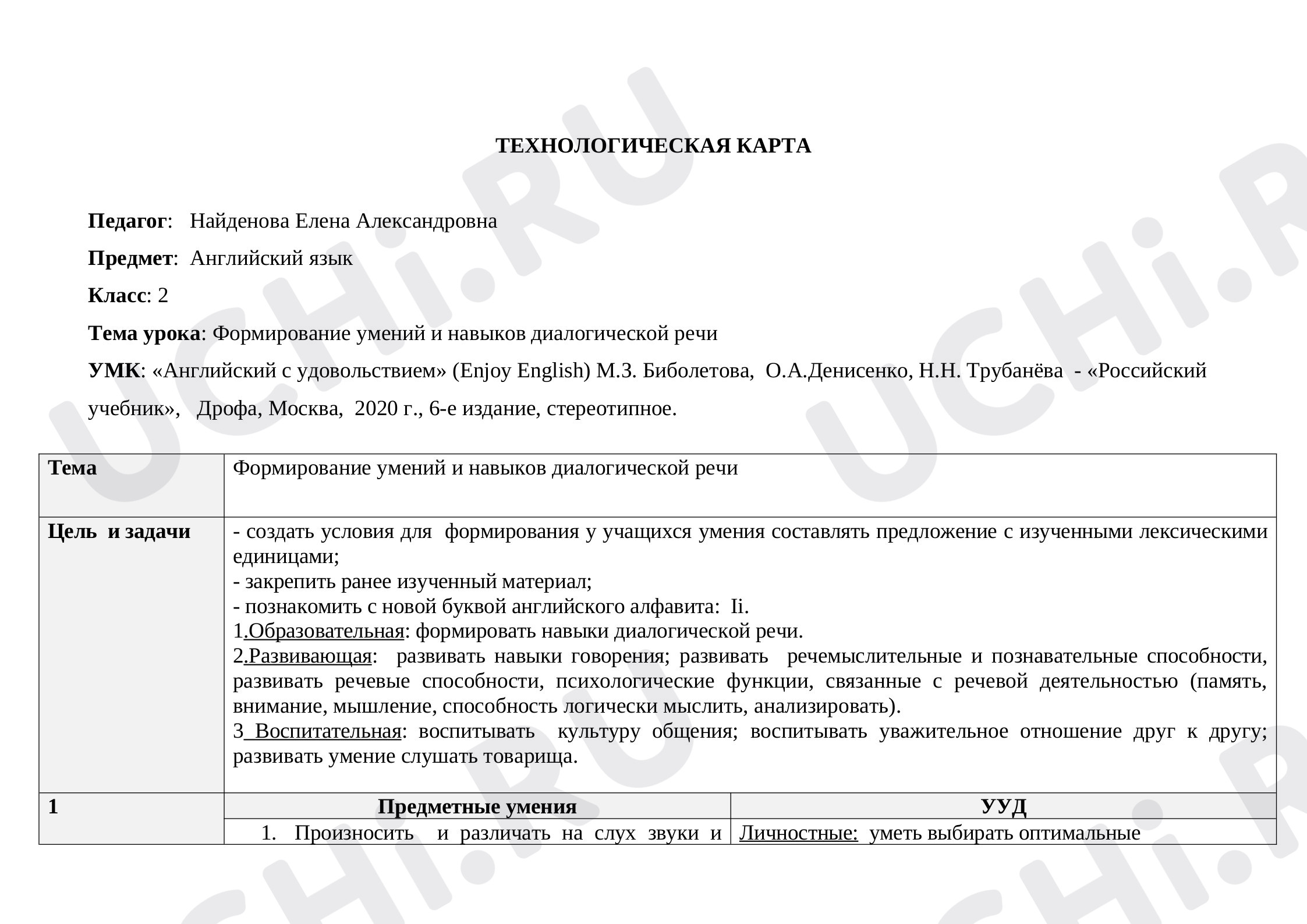 Предпросмотр материала Технологическая карта урока английского языка