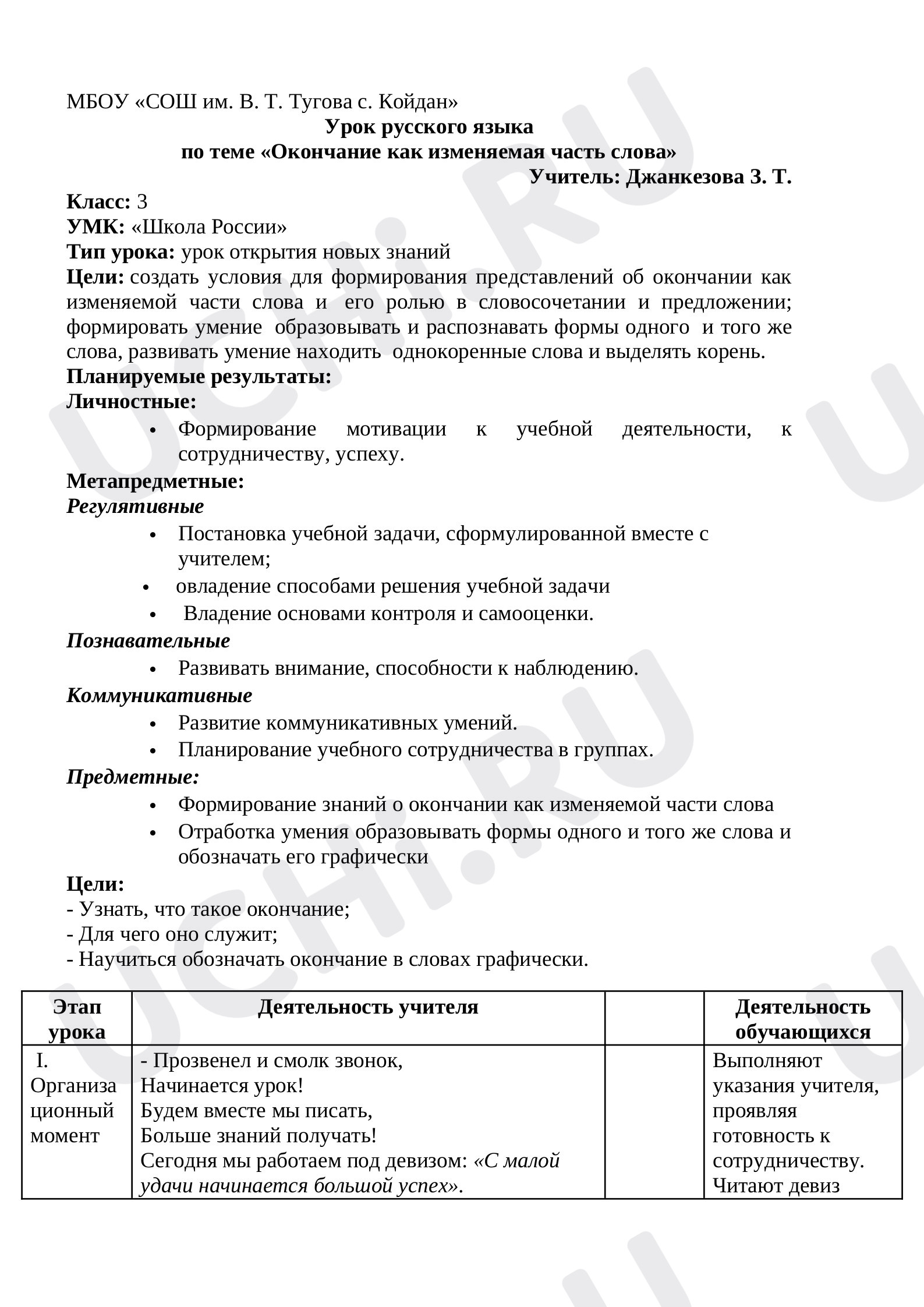 Предпросмотр материала Конспект урока русского языка. Окончание как изменяемая часть слова.