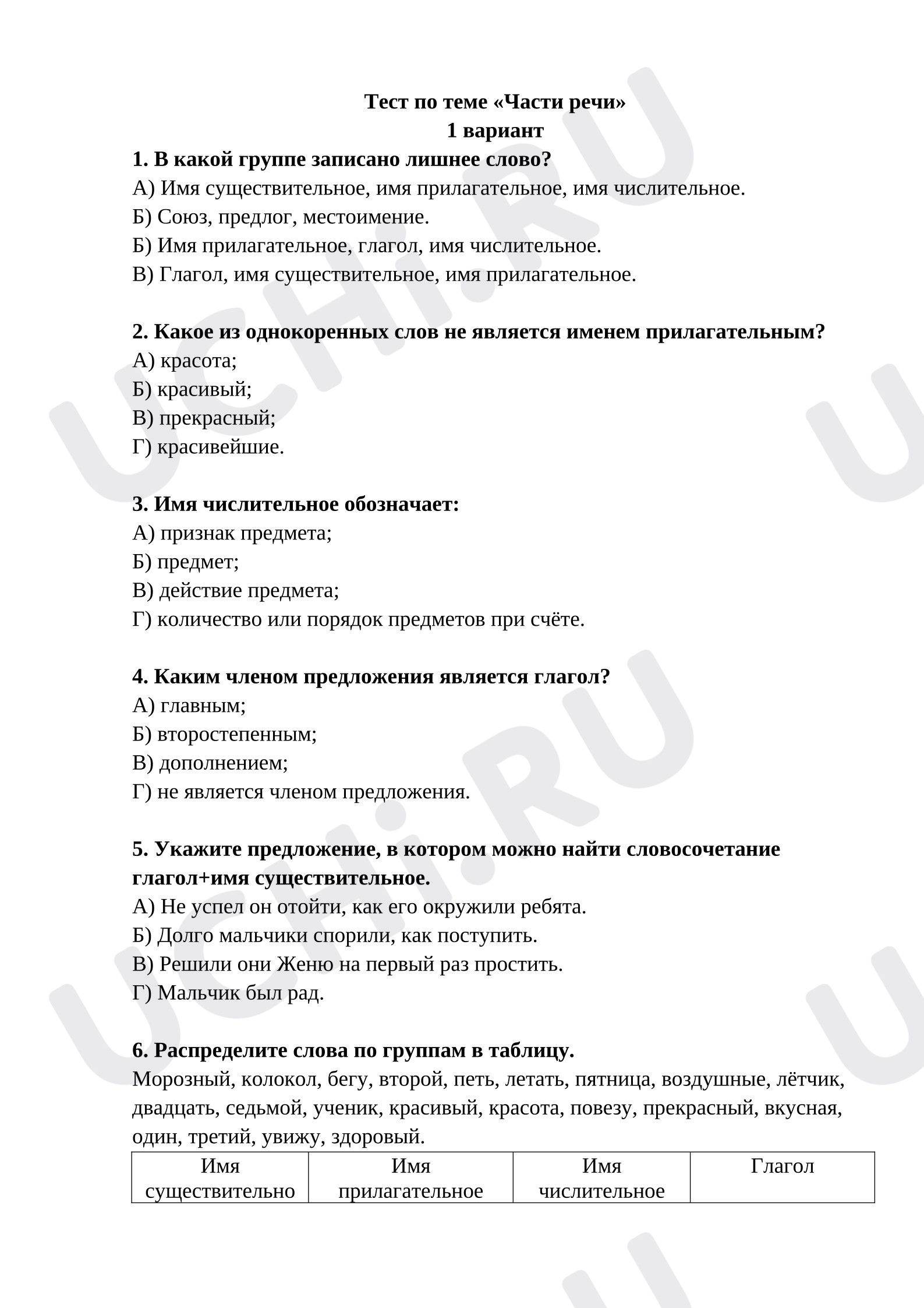 Предпросмотр материала Тест по русскому языку на тему «Части речи».