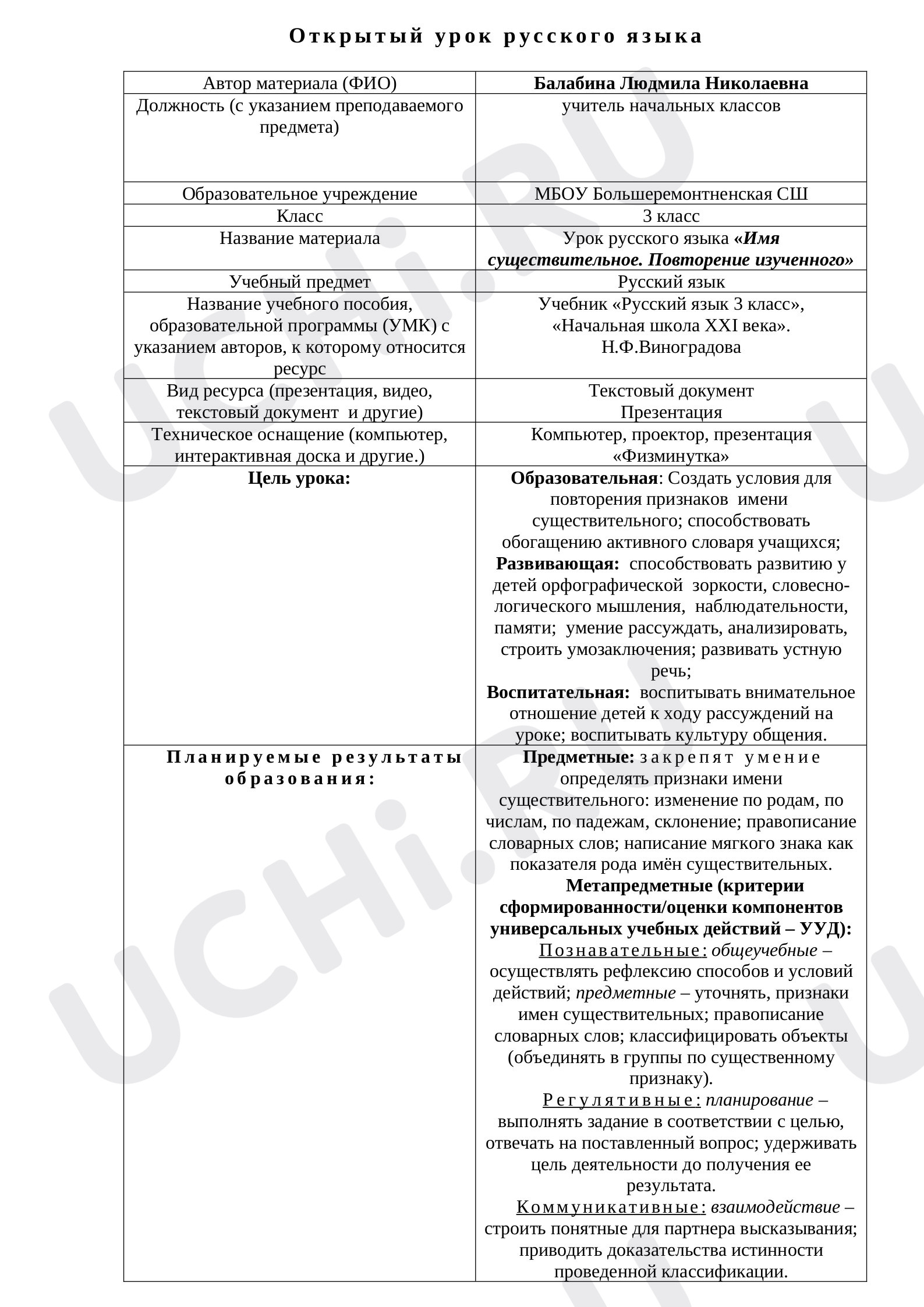 Предпросмотр материала Русского языка Имя существительное. Повторение изученного