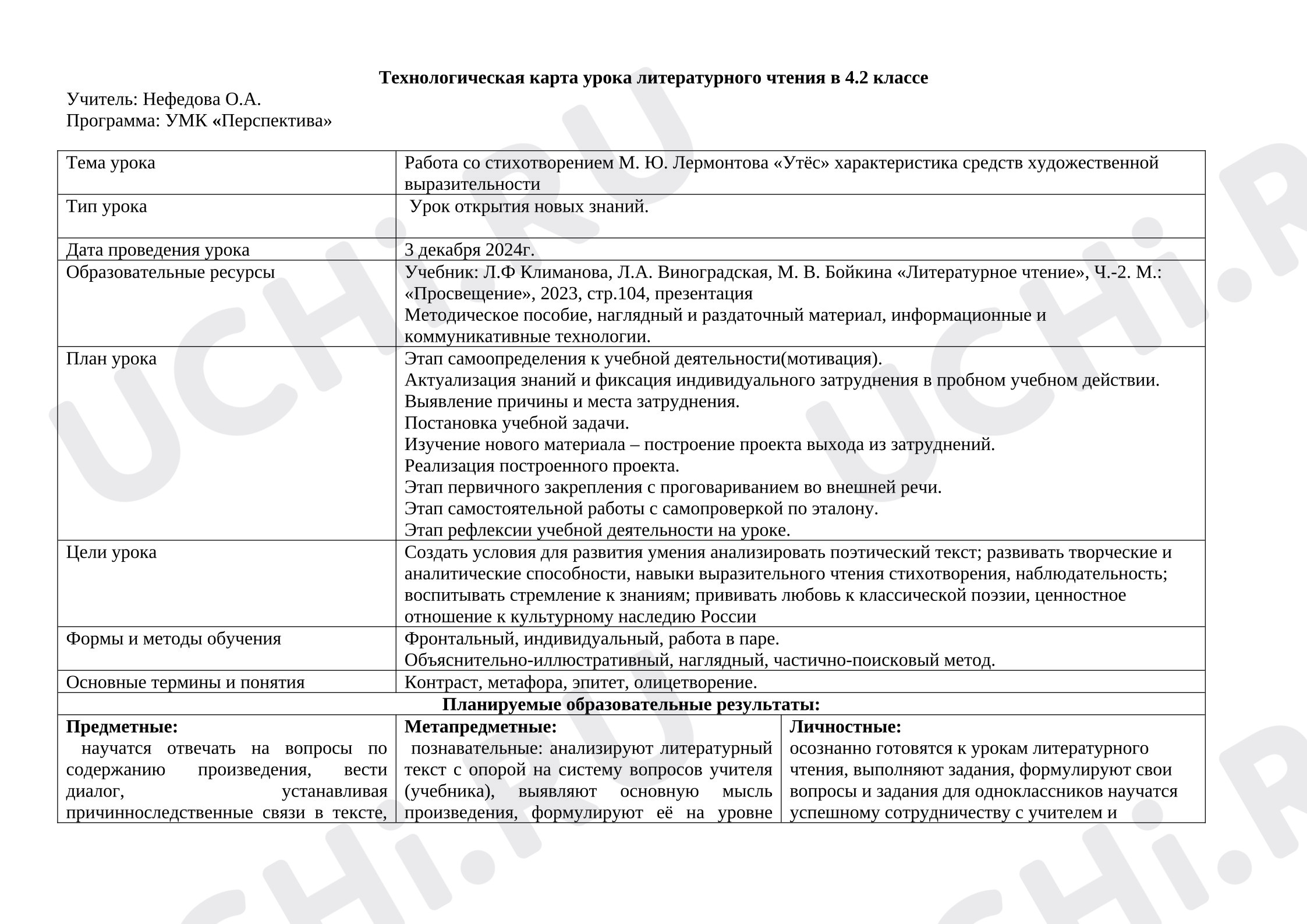 Предпросмотр материала Конспект урока по литературному чтению. Работа со стихотворением М. Ю. Лермонтова «Утёс» характеристика средств художественной выразительности