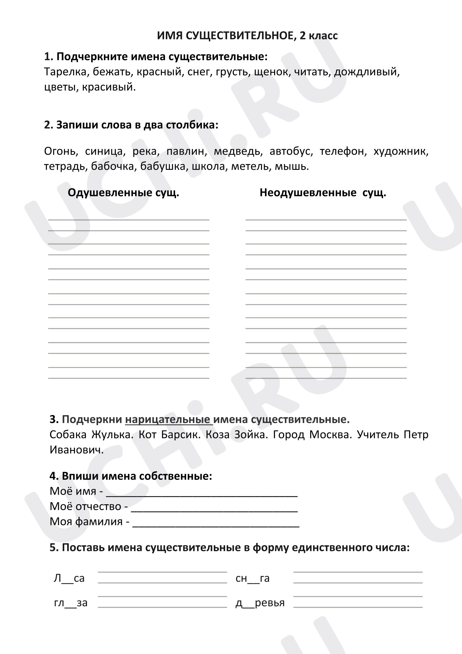 Предпросмотр материала Рабочие листы к уроку русского языка. Имя существительное. Обобщение.