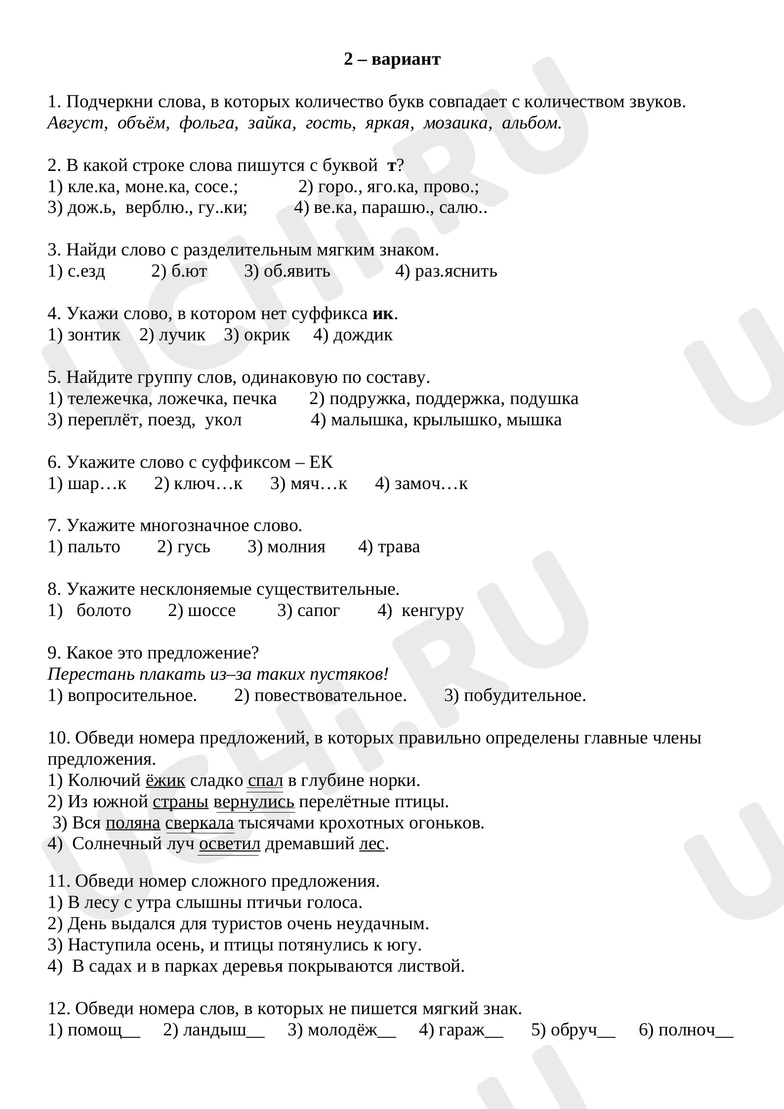 Предпросмотр материала Контрольный тест по русскому языку за 1 полугодие 2 вариант