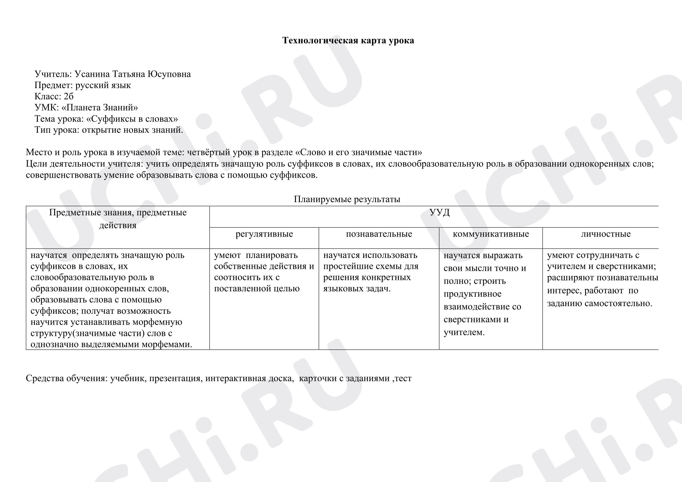 Предпросмотр материала Технологическая карта урока русского языка по теме «Суффикс»