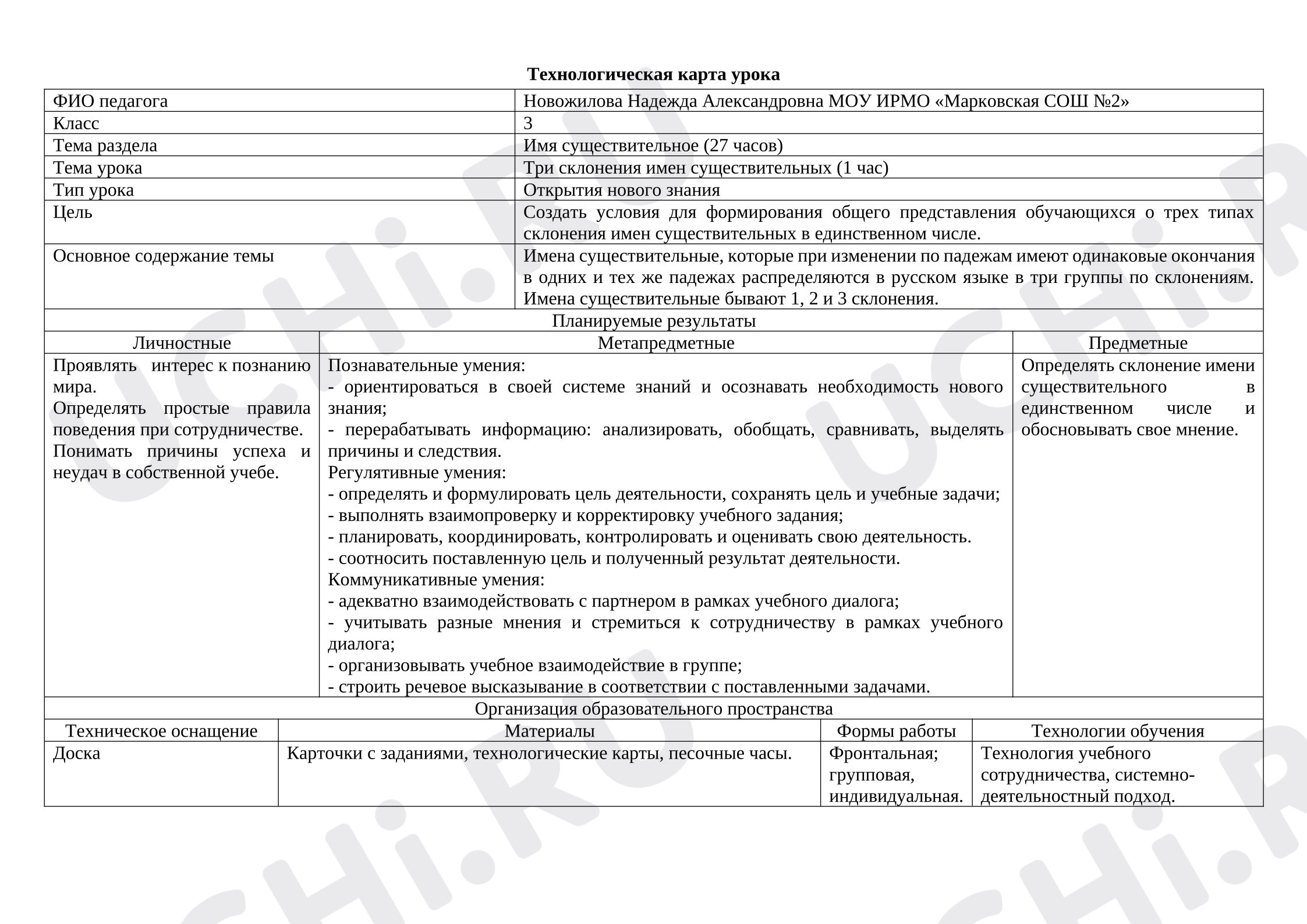 Предпросмотр материала План урока русского языка. Три склонения имён существительных.
