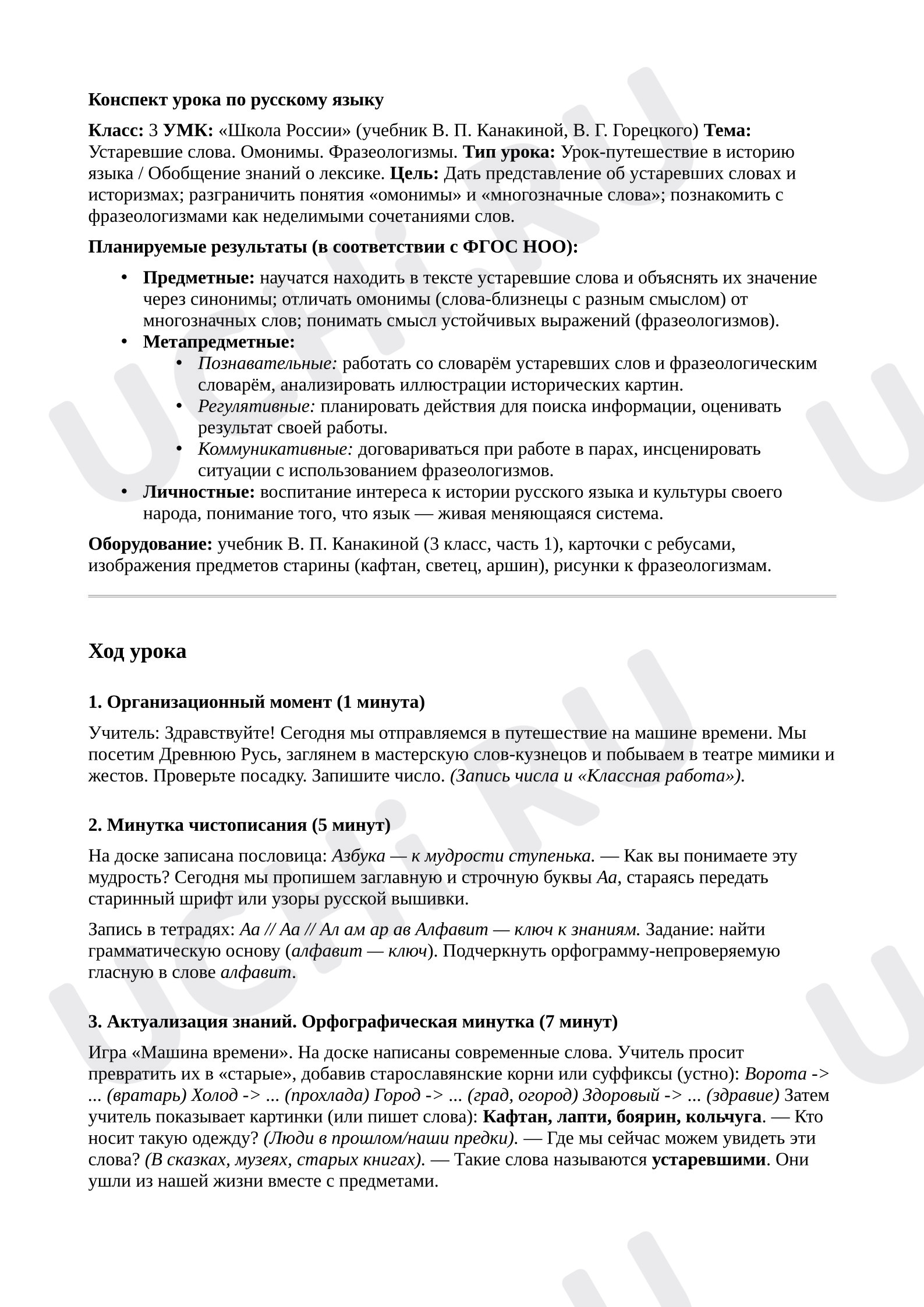 Предпросмотр материала План урока русского языка. Устаревшие слова. Омонимы. Фразеологизмы