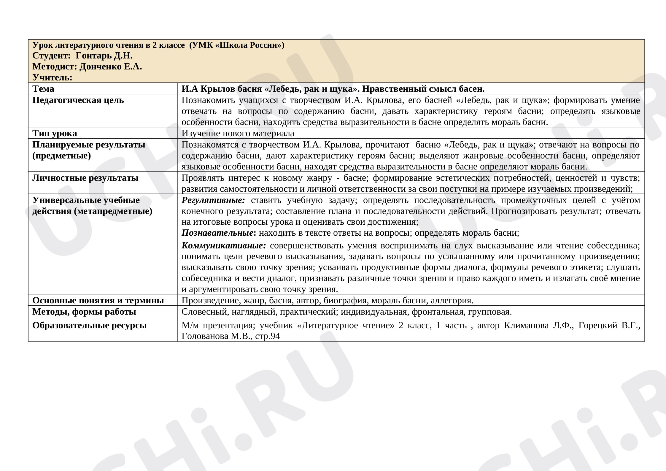 Предпросмотр материала План урока литературного чтения по теме: И.А Крылов басня «Лебедь, рак и щука». Нравственный смысл басен.