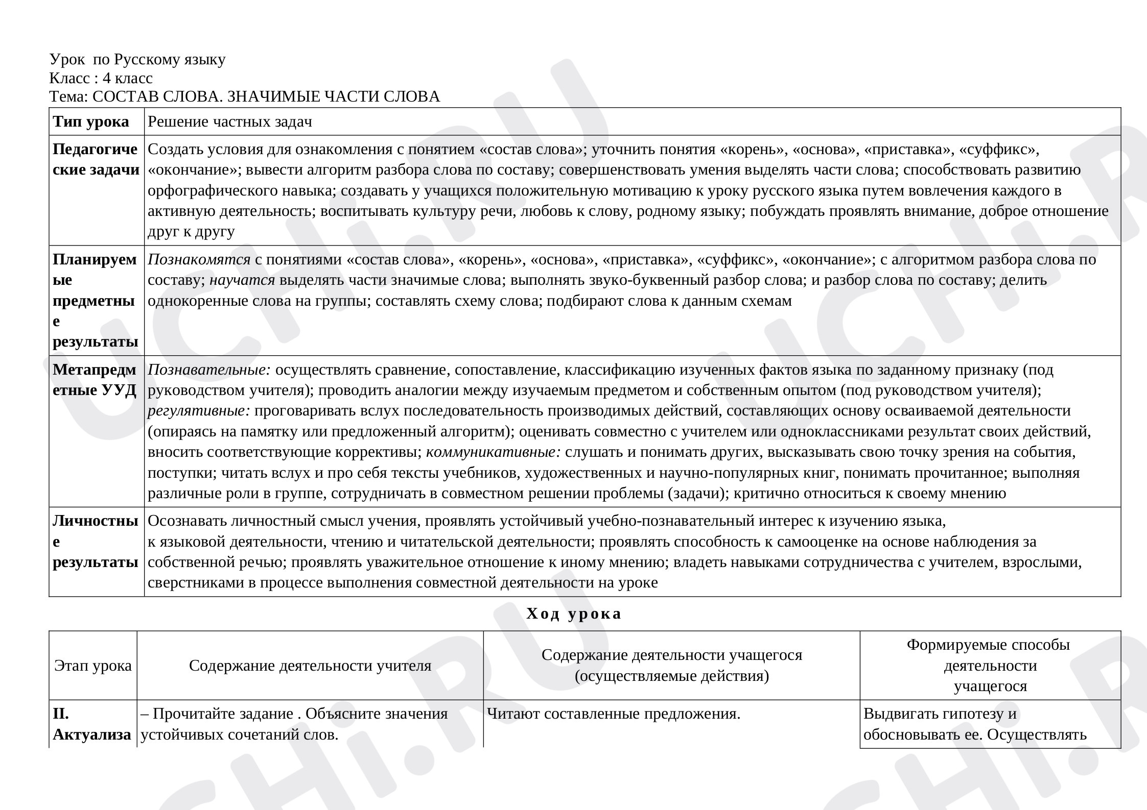 Предпросмотр материала План урока русского языка по теме: "Состав слова. Значимые части слова"
