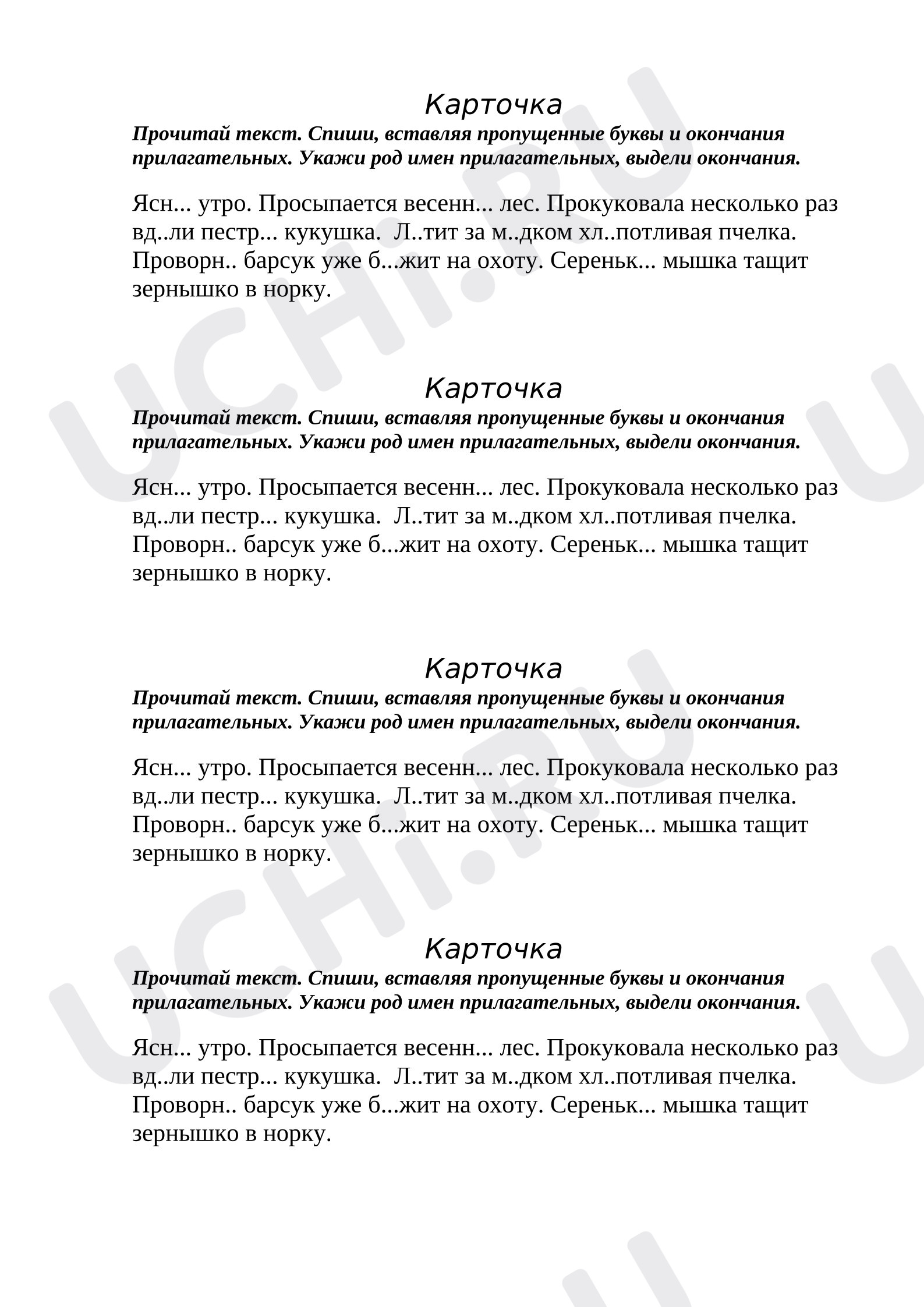 Предпросмотр материала Карточка по русскому языку по теме "Род имен прилагательных.