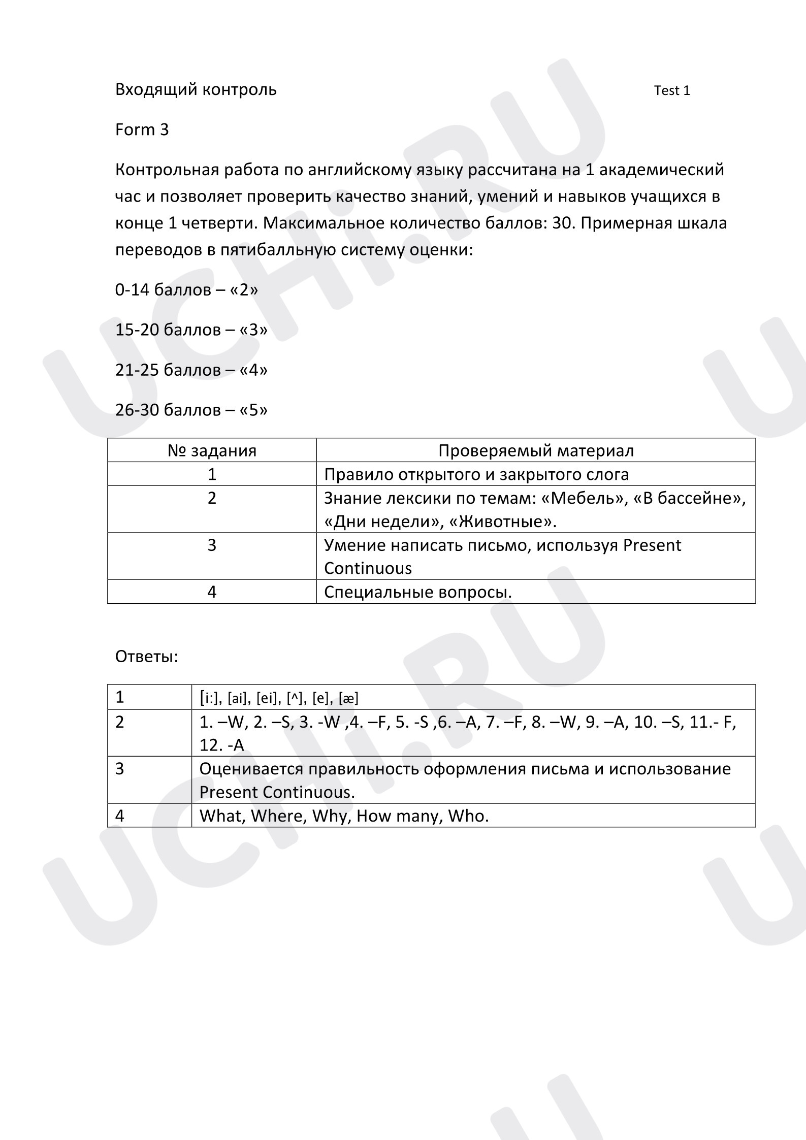 Предпросмотр материала Английский язык. Контрольная работа-входящий контроль, 3 класс