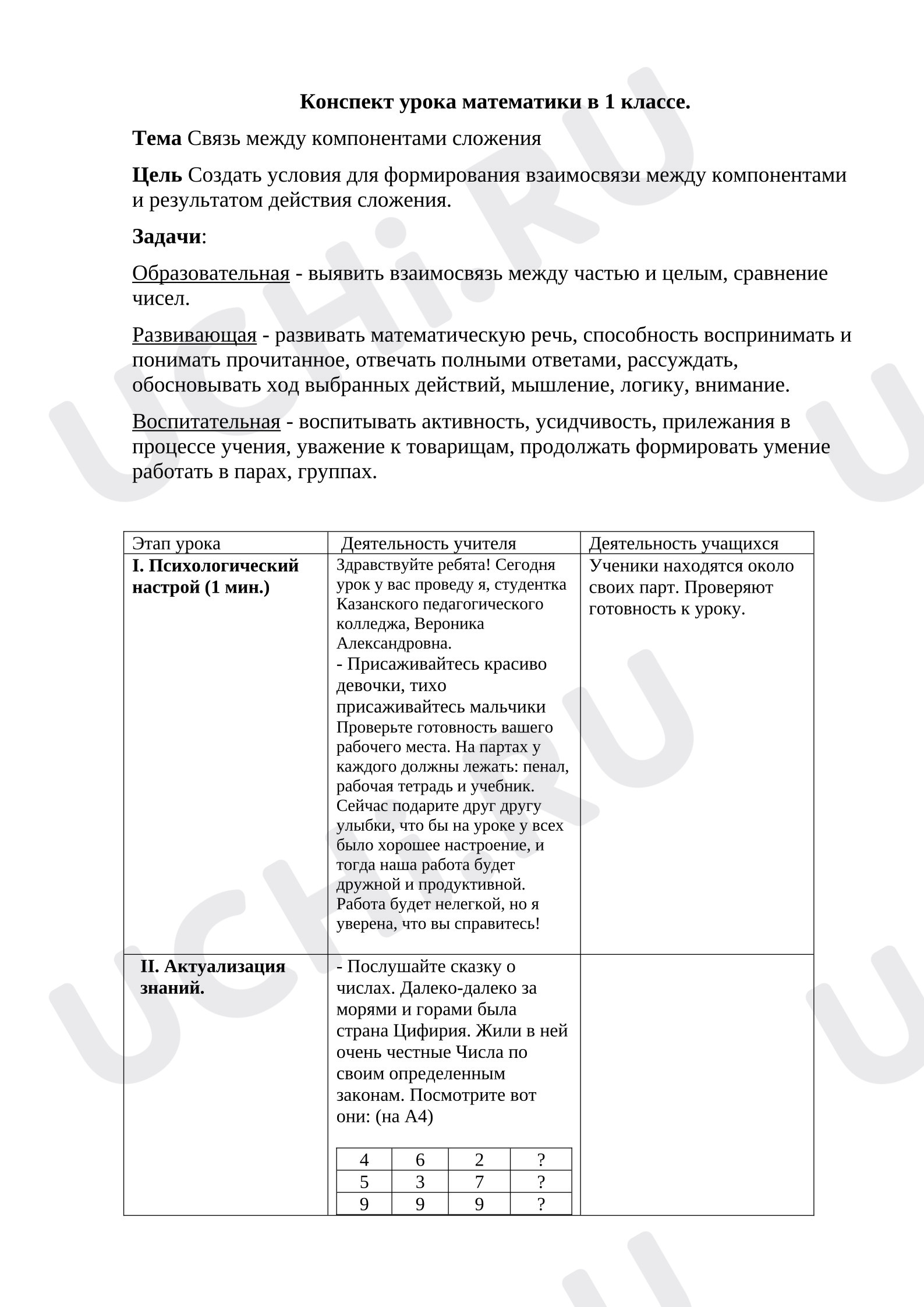 Предпросмотр материала Конспект урока математики «Связь между компонентами сложения»