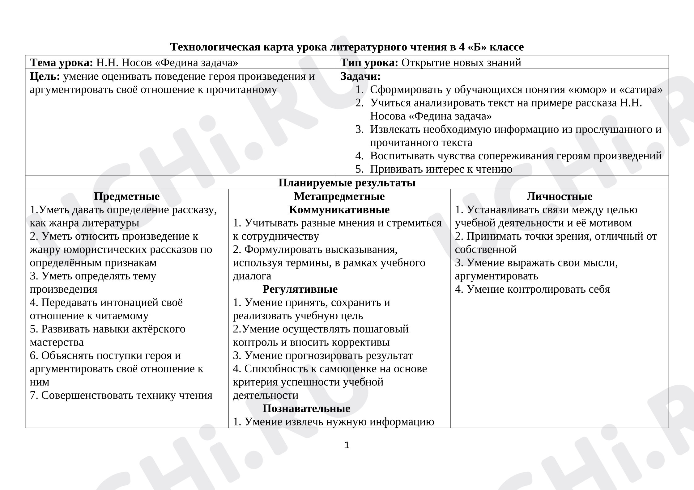 Предпросмотр материала Технологическая карта урока по литературному чтению по теме "Н.Н. Носов "Федина задача"