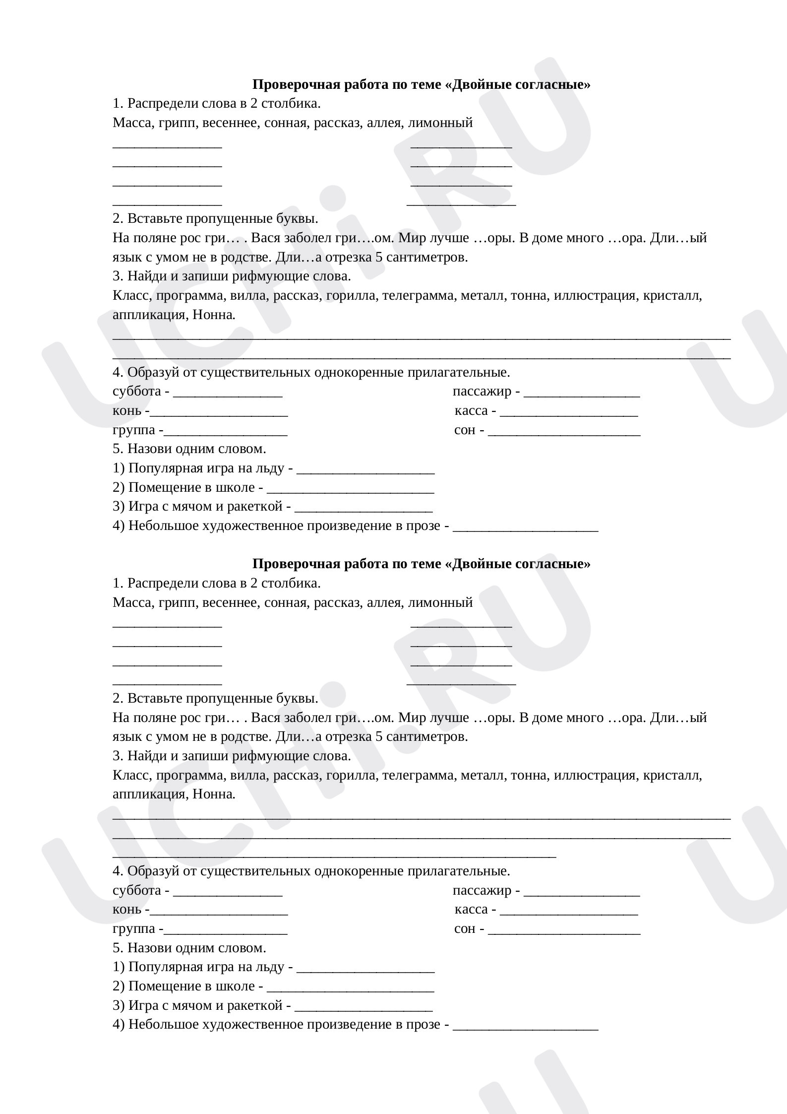 Предпросмотр материала Проверочная работа к уроку русского языка. Двойные согласные.
