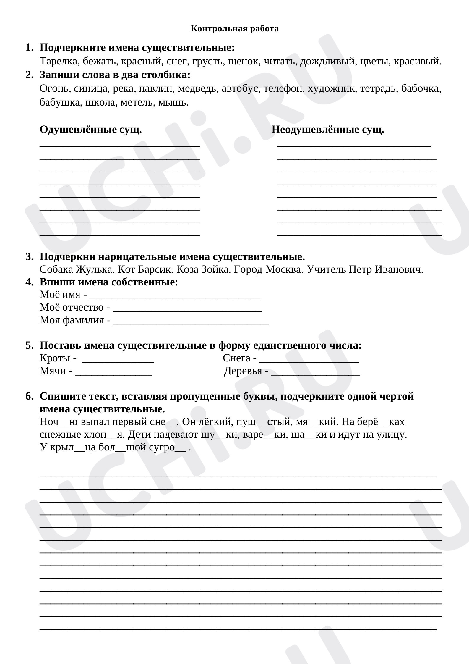 Предпросмотр материала Итоговая работа по русскому языку по разделу "Имя существительное".