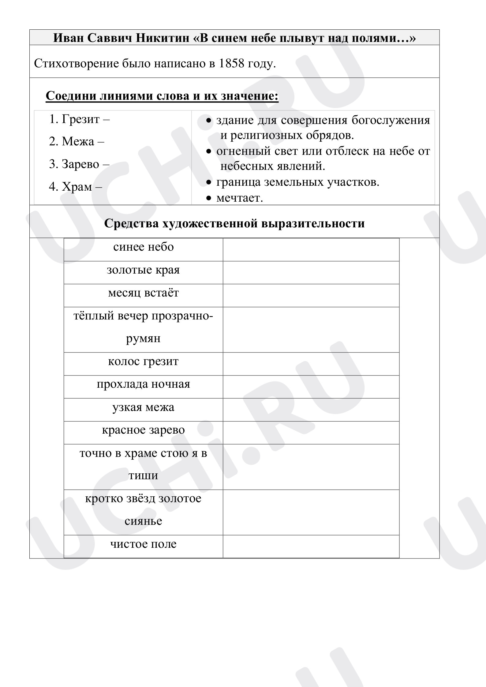 Предпросмотр материала Рабочие листы по литературному чтению. Иван Саввич Никитин «В синем небе плывут над полями…»