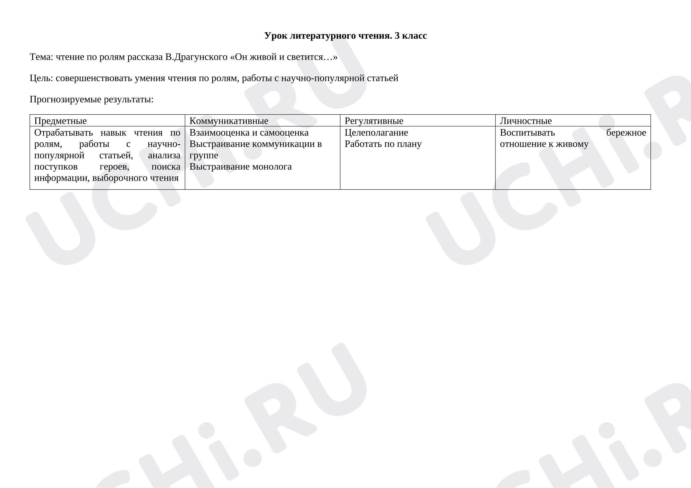 Предпросмотр материала План урока  литературного чтения по теме: В. Драгунский «Он живой и светится…»