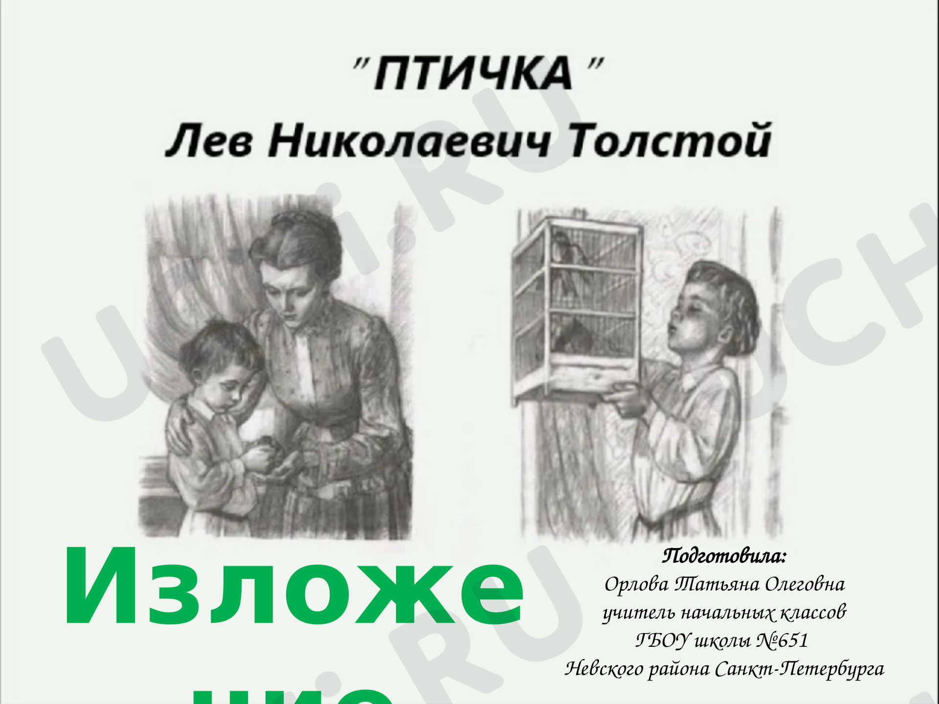 Предпросмотр материала Презентация к уроку русского языка. Изложение по рассказу Л.Н.Толстого «Птичка».