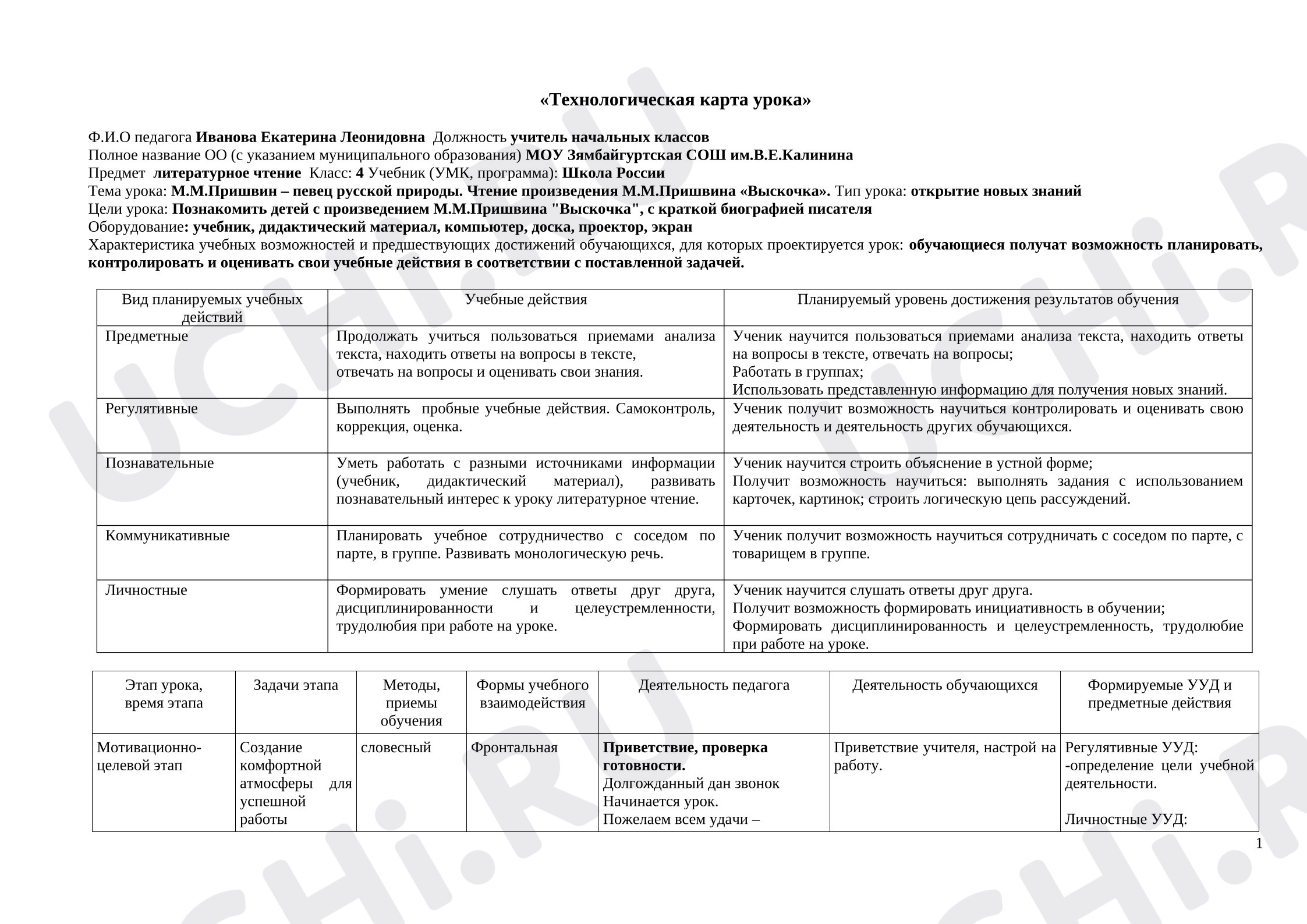 Предпросмотр материала План урока литературного чтения по теме: М.М. Пришвин – певец русской природы. Чтение произведения М.М. Пришвина «Выскочка».