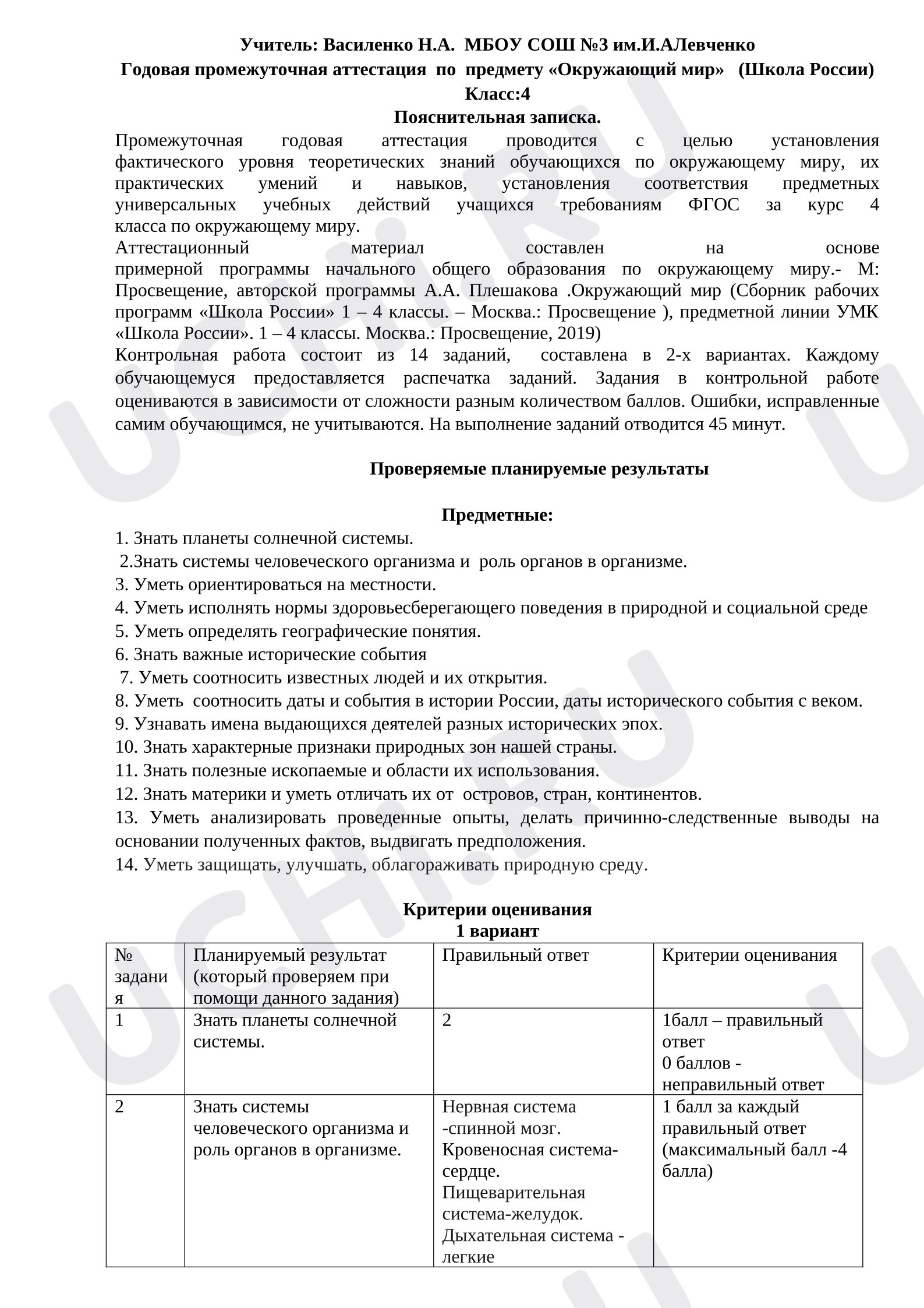 Предпросмотр материала Годовая промежуточная аттестация по окружающему миру УМК "Школа России"