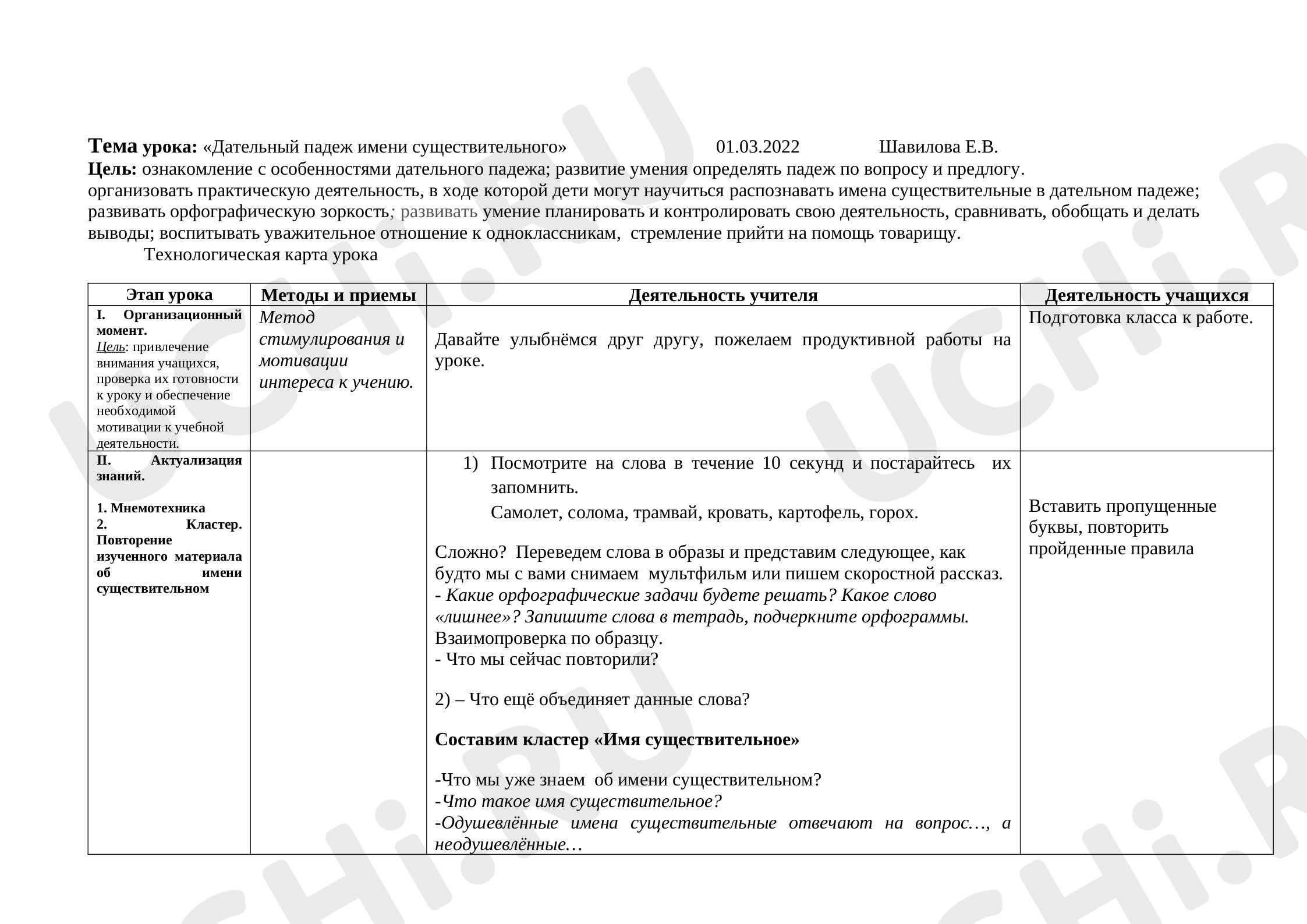 Предпросмотр материала Технологическая карта урока по русскому языку «Дательный падеж».