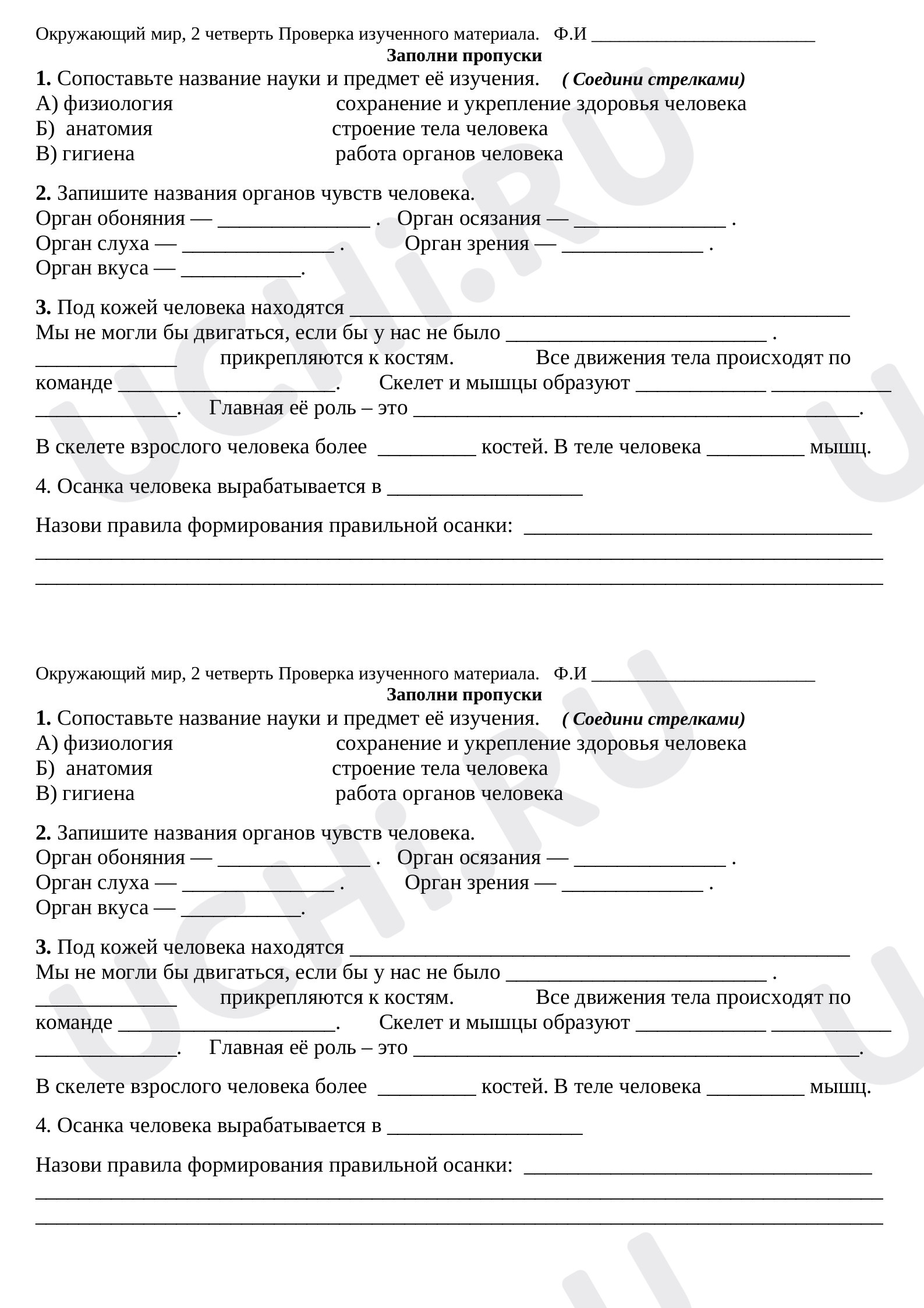 Предпросмотр материала Рабочие листы. Окружающий мир 3 класс 2 четверть Опора тела и движение.