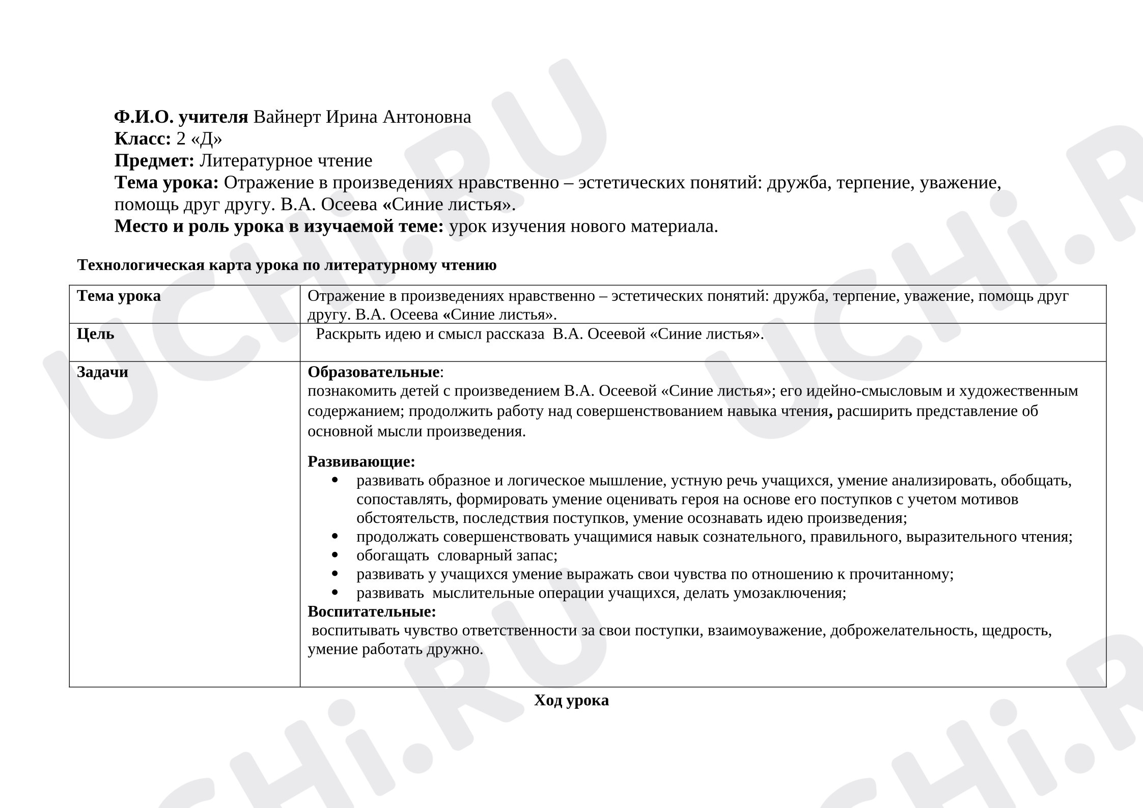 Предпросмотр материала Технологическая карта урока по литературному чтению В.А. Осеева, Синие листья