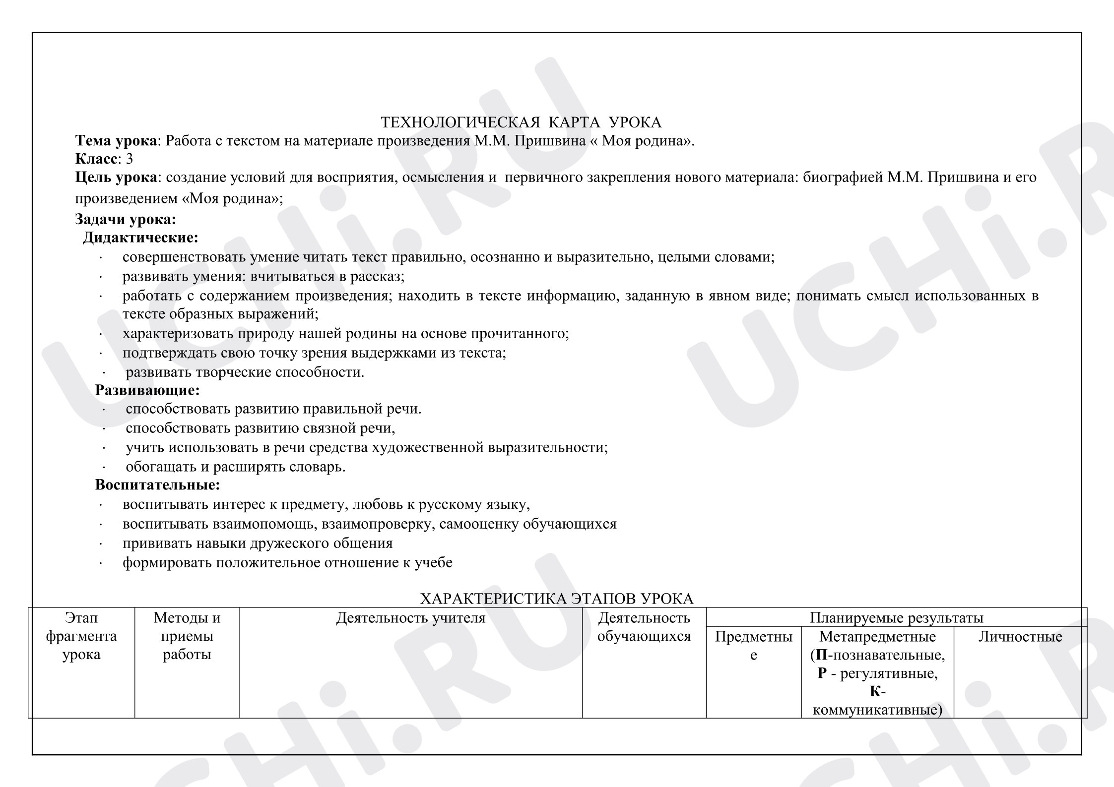 Предпросмотр материала Технологическая карта урока по теме «Пришвин Моя Родина»