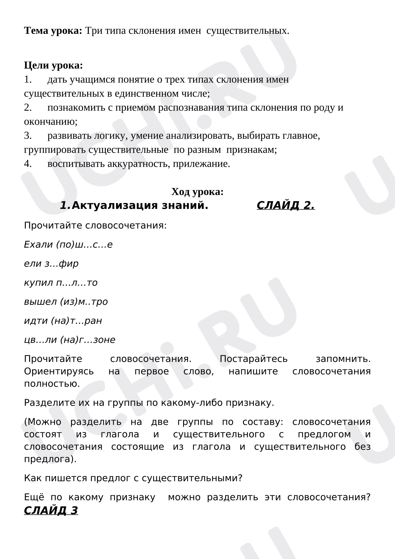 Предпросмотр материала Конспект урока русского языка. Три типа склонения имен существительных.