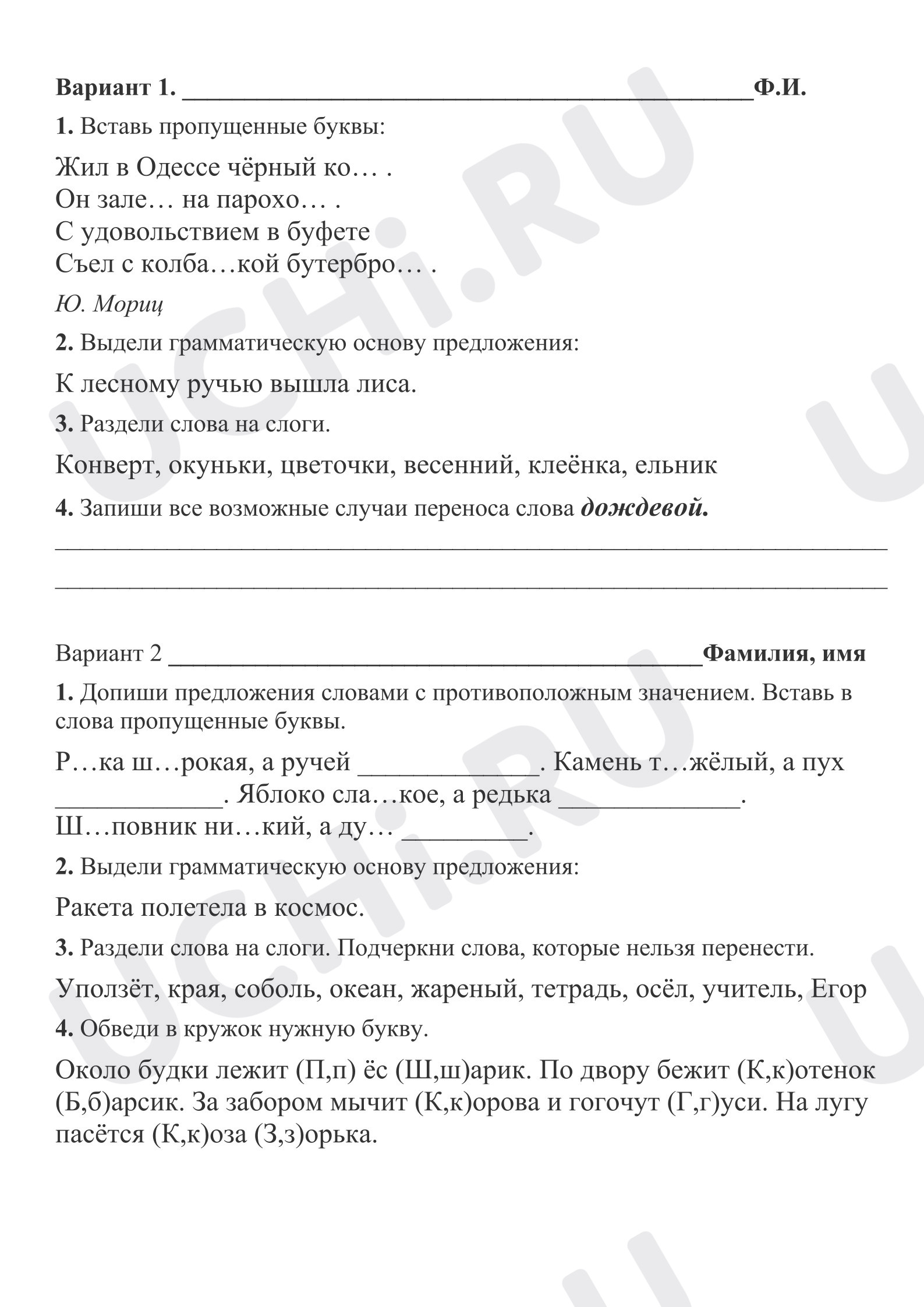 Предпросмотр материала Проверочная работа к уроку русского языка два варианта.