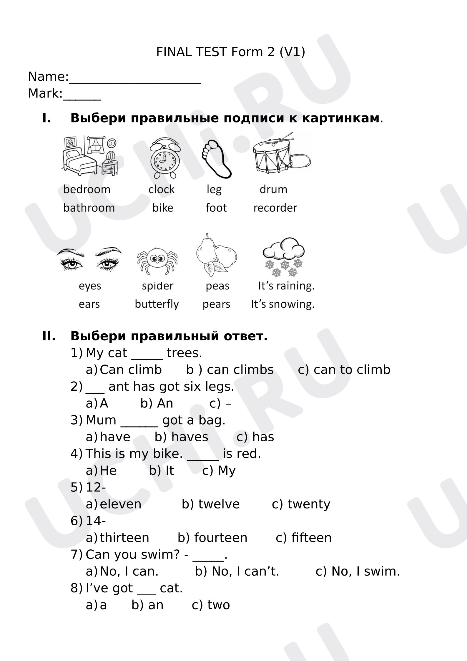 Предпросмотр материала Английский язык. Итоговая контрольная работа для 2 класса.