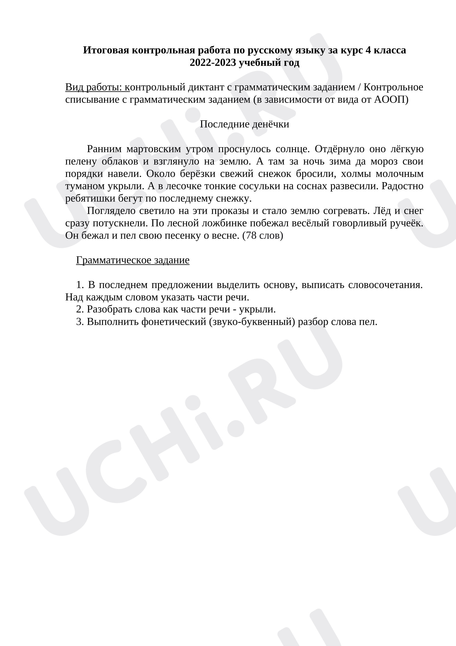 Предпросмотр материала Проверочная работа по русскому языку. Диктант.